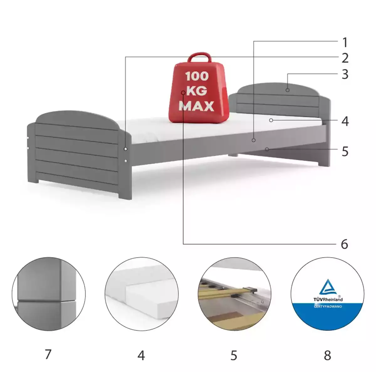 Componente pentru patul de tineret single lili 90x200 cu saltea, grafit Componente pentru patul de tineret single lili 90x200 cu saltea, grafit