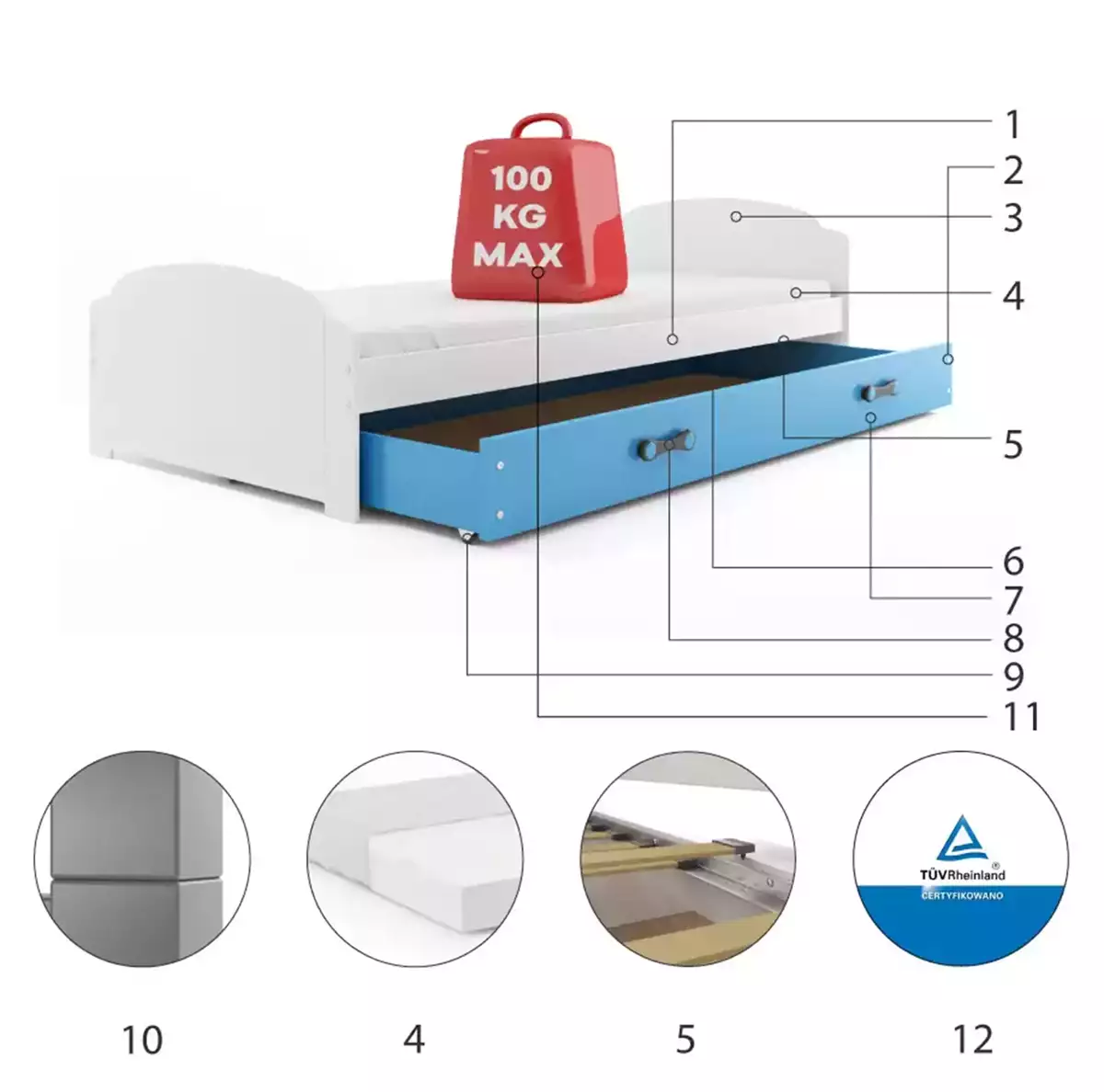 Componente pentru patul de tineret single lili 90x200 cu saltea și sertar, alb/albastru Componente pentru patul de tineret single lili 90x200 cu saltea și sertar, alb/albastru