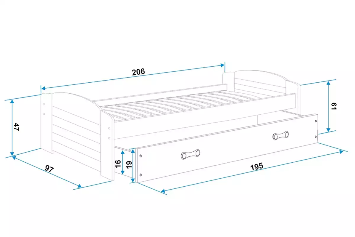 Dimensiuni și specificații pentru patul de tineret LILI 90x200 cu saltea și sertar, alb/albastru Dimensiuni și specificații pentru patul de tineret LILI 90x200 cu saltea și sertar, alb/albastru