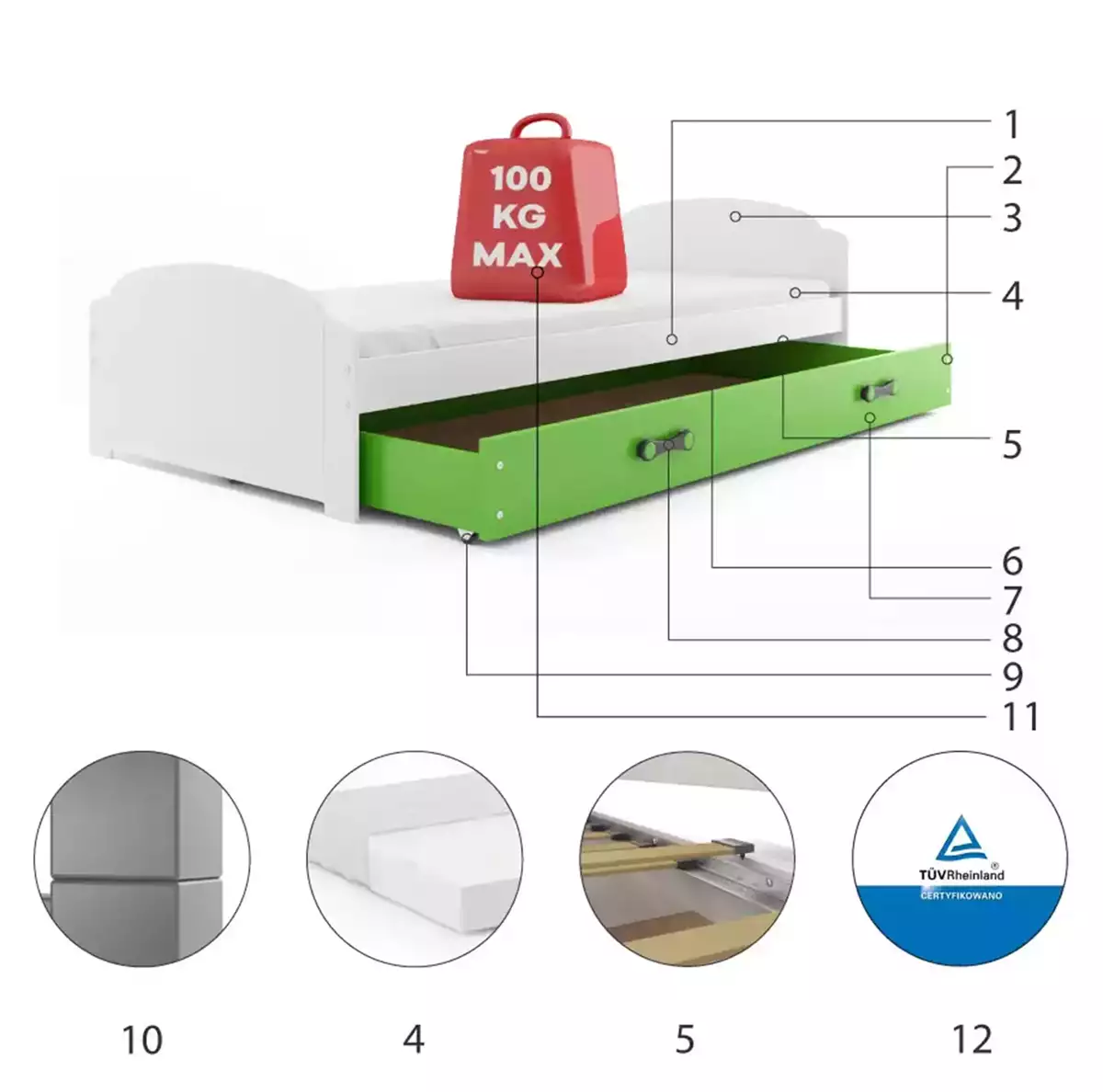 Componente pentru patul de tineret single lili 90x200 cu saltea și sertar, alb/verde Componente pentru patul de tineret single lili 90x200 cu saltea și sertar, alb/verde