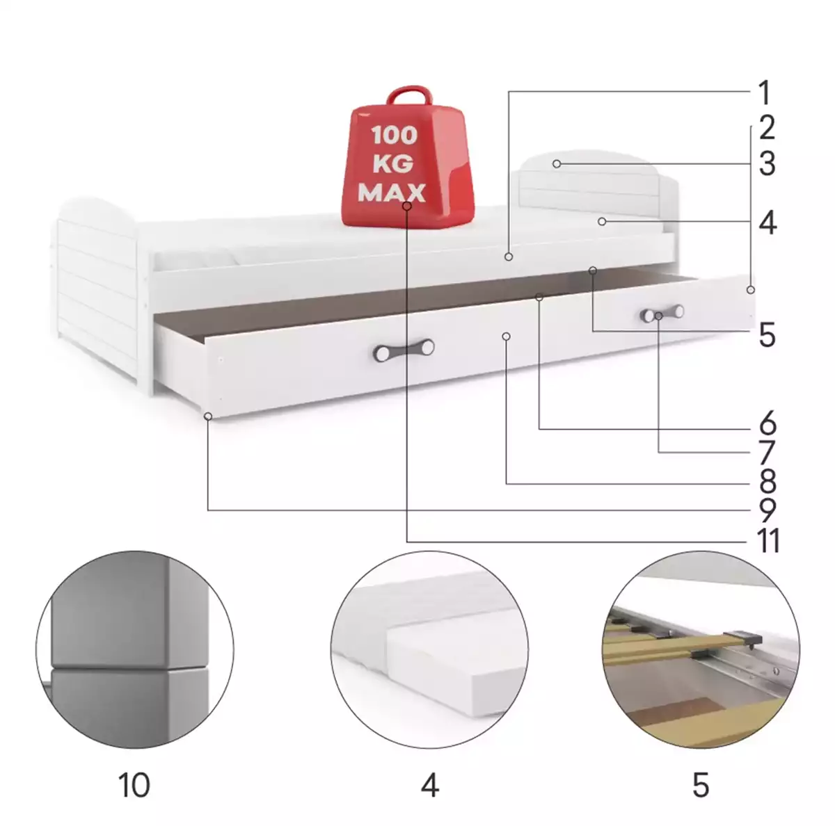 Componente pentru patul de tineret single lili 90x200 cu saltea și sertar, grafit/alb Componente pentru patul de tineret single lili 90x200 cu saltea și sertar, grafit/alb
