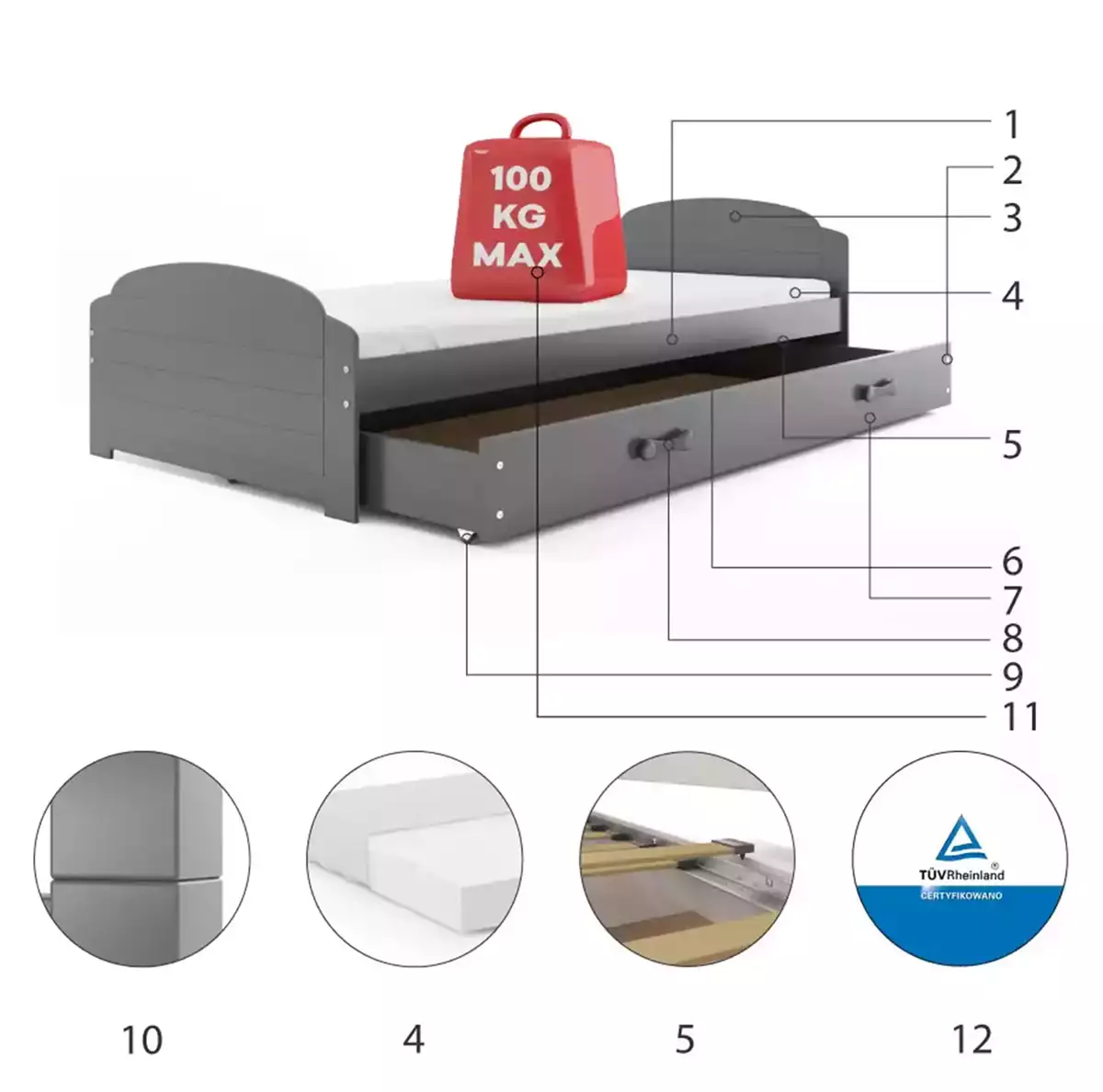 Componente pentru patul de tineret single lili 90x200 cu saltea și sertar, grafit Componente pentru patul de tineret single lili 90x200 cu saltea și sertar, grafit