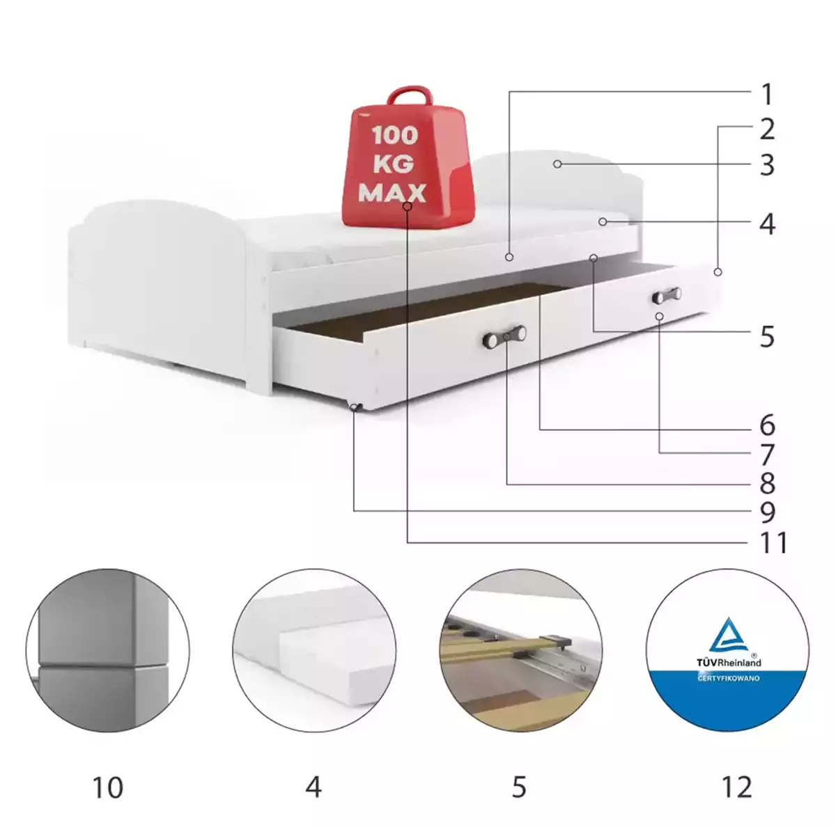 Componente pentru patul de tineret single lili 90x200 cu sertar, alb Componente pentru patul de tineret single lili 90x200 cu sertar, alb