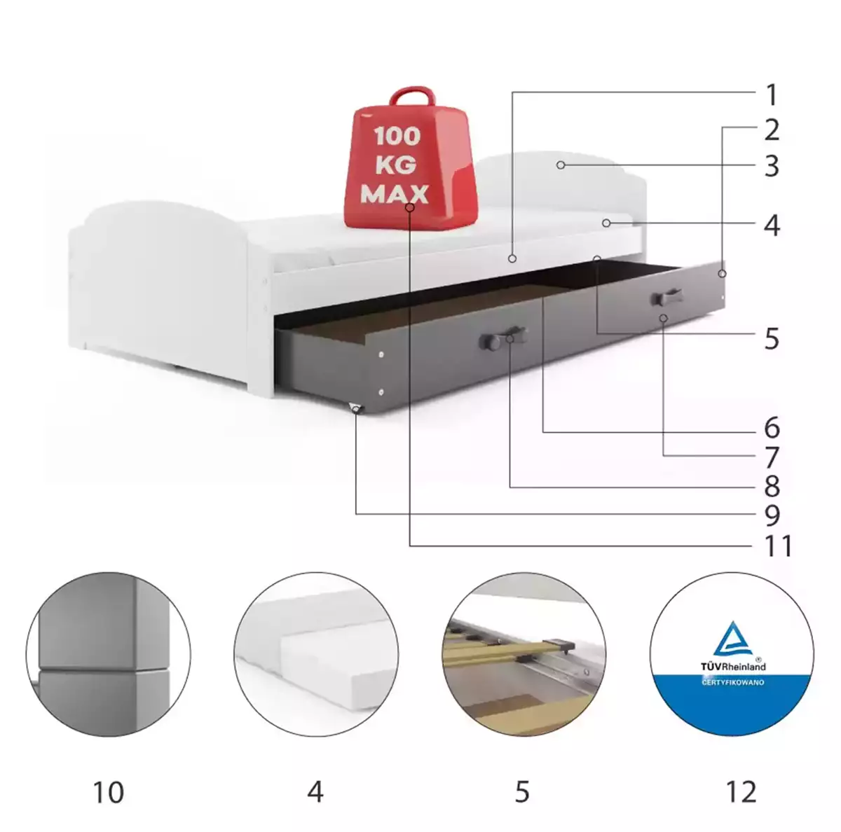 Componente pentru patul de tineret single lili 90x200 cu sertar, alb/grafit Componente pentru patul de tineret single lili 90x200 cu sertar, alb/grafit