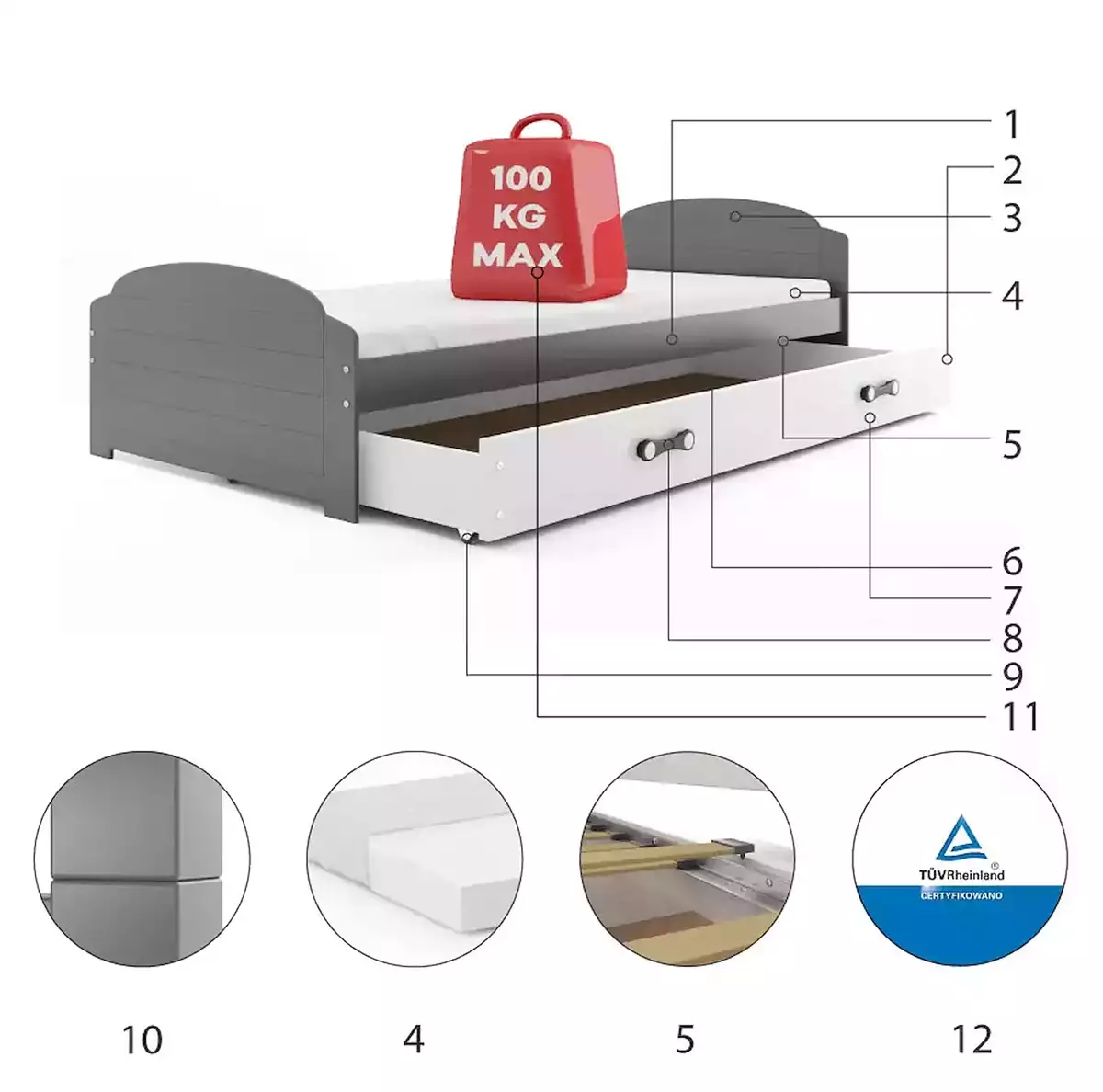 Componente pentru patul de tineret single lili 90x200 cu sertar, grafit/alb Componente pentru patul de tineret single lili 90x200 cu sertar, grafit/alb