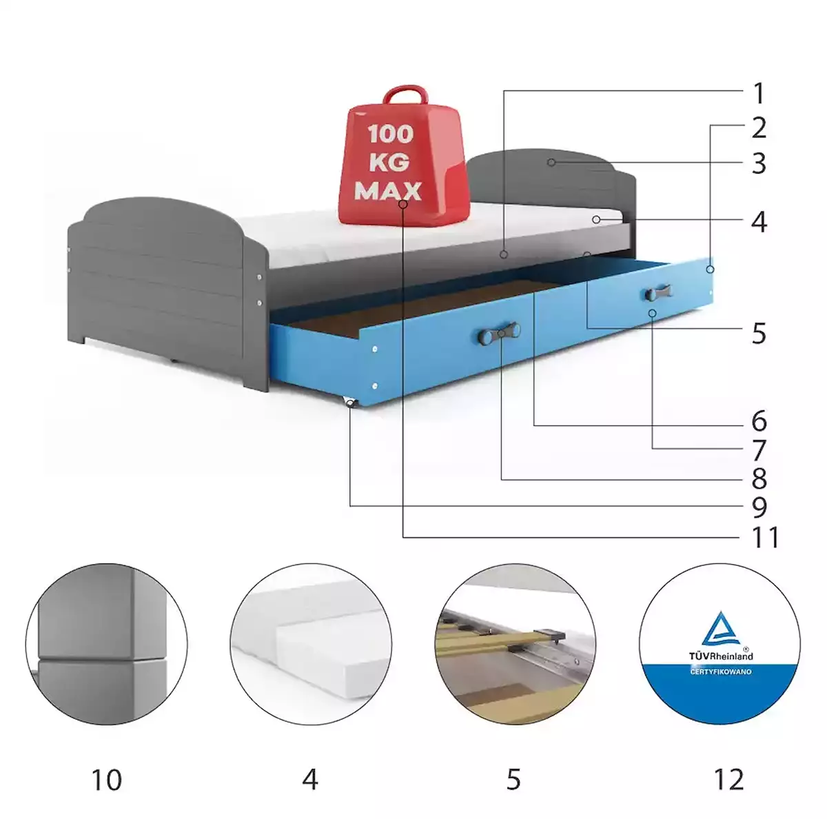 Componente pentru patul de tineret single lili 90x200 cu sertar, grafit/albastru Componente pentru patul de tineret single lili 90x200 cu sertar, grafit/albastru