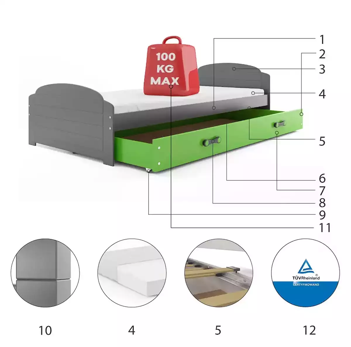 Componente pentru patul de tineret single lili 90x200 cu sertar, grafit/verde Componente pentru patul de tineret single lili 90x200 cu sertar, grafit/verde