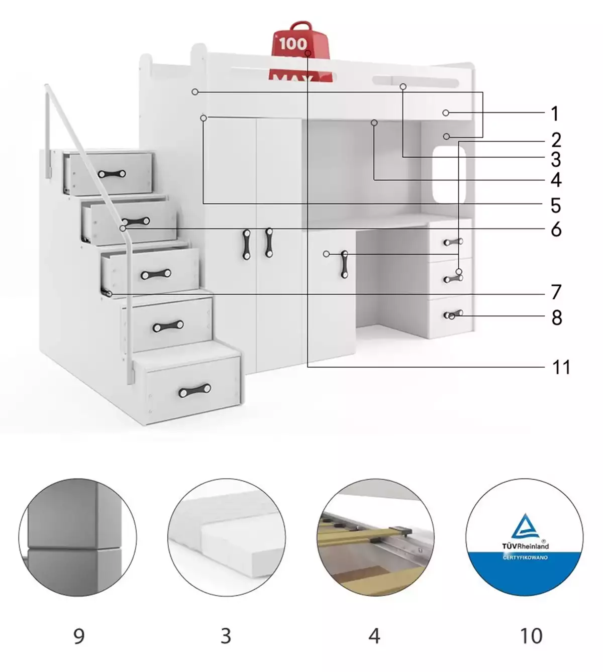 Componente pentru patul de tineret single max 4 80x200 cu un birou, alb Componente pentru patul de tineret single max 4 80x200 cu un birou, alb