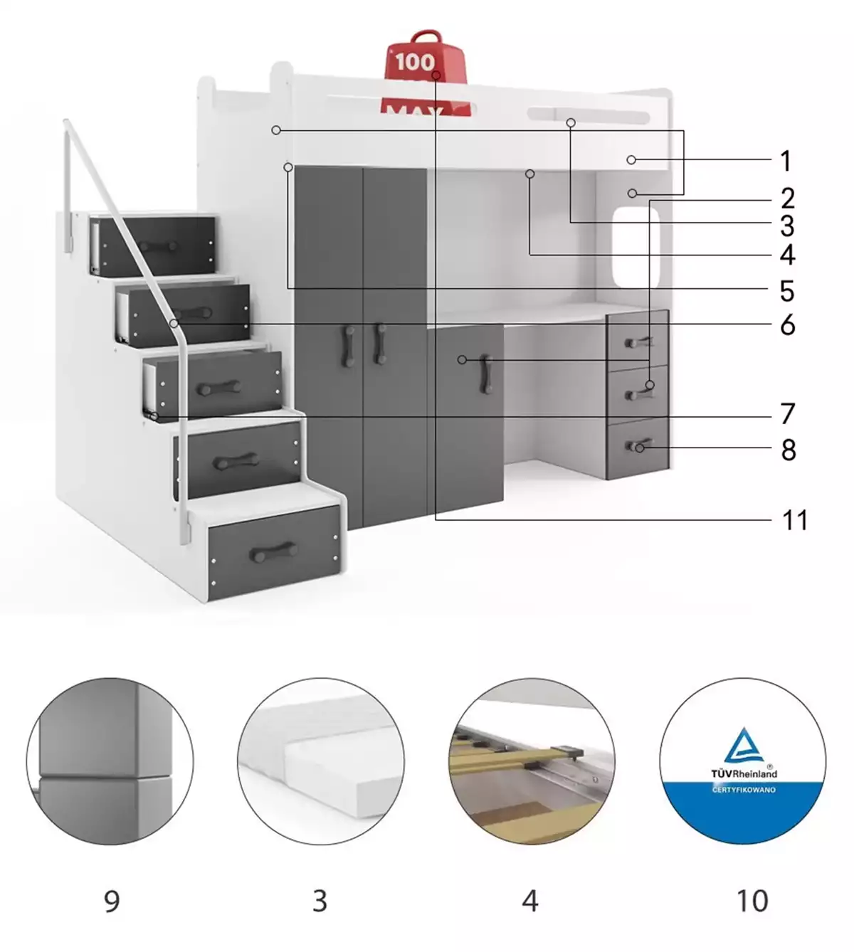 Componente pentru patul de tineret single max 4 80x200 cu birou, grafit Componente pentru patul de tineret single max 4 80x200 cu birou, grafit
