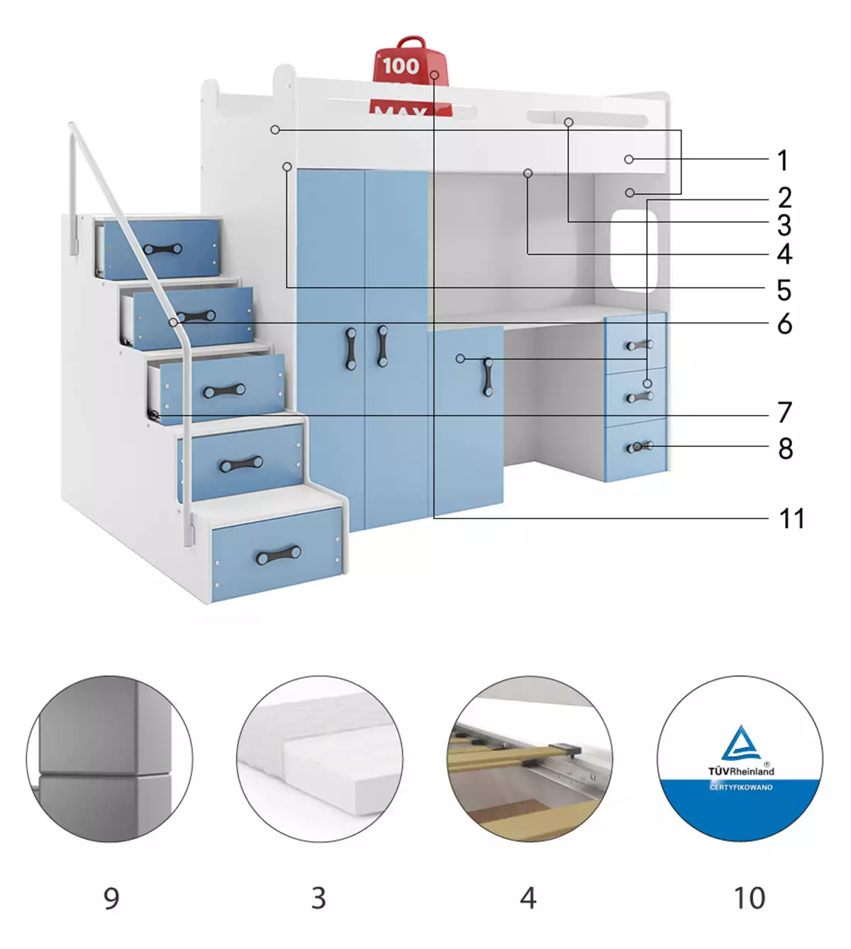 Componente pentru patul de tineret single max 4 80x200 cu saltea și birou, albastru