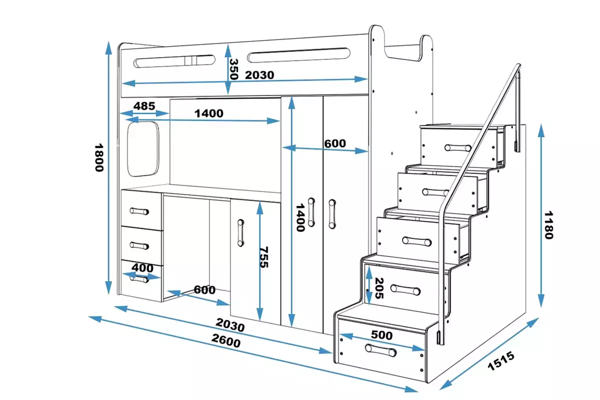 Dimensiuni și specificații pentru patul de tineret unic max 4 80x200 cu saltea și birou, albastru