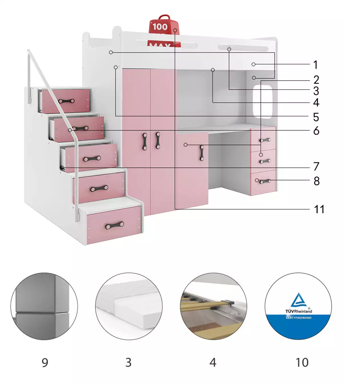 Componente pentru patul de tineret single max 4 80x200 cu saltea și birou, roz Componente pentru patul de tineret single max 4 80x200 cu saltea și birou, roz