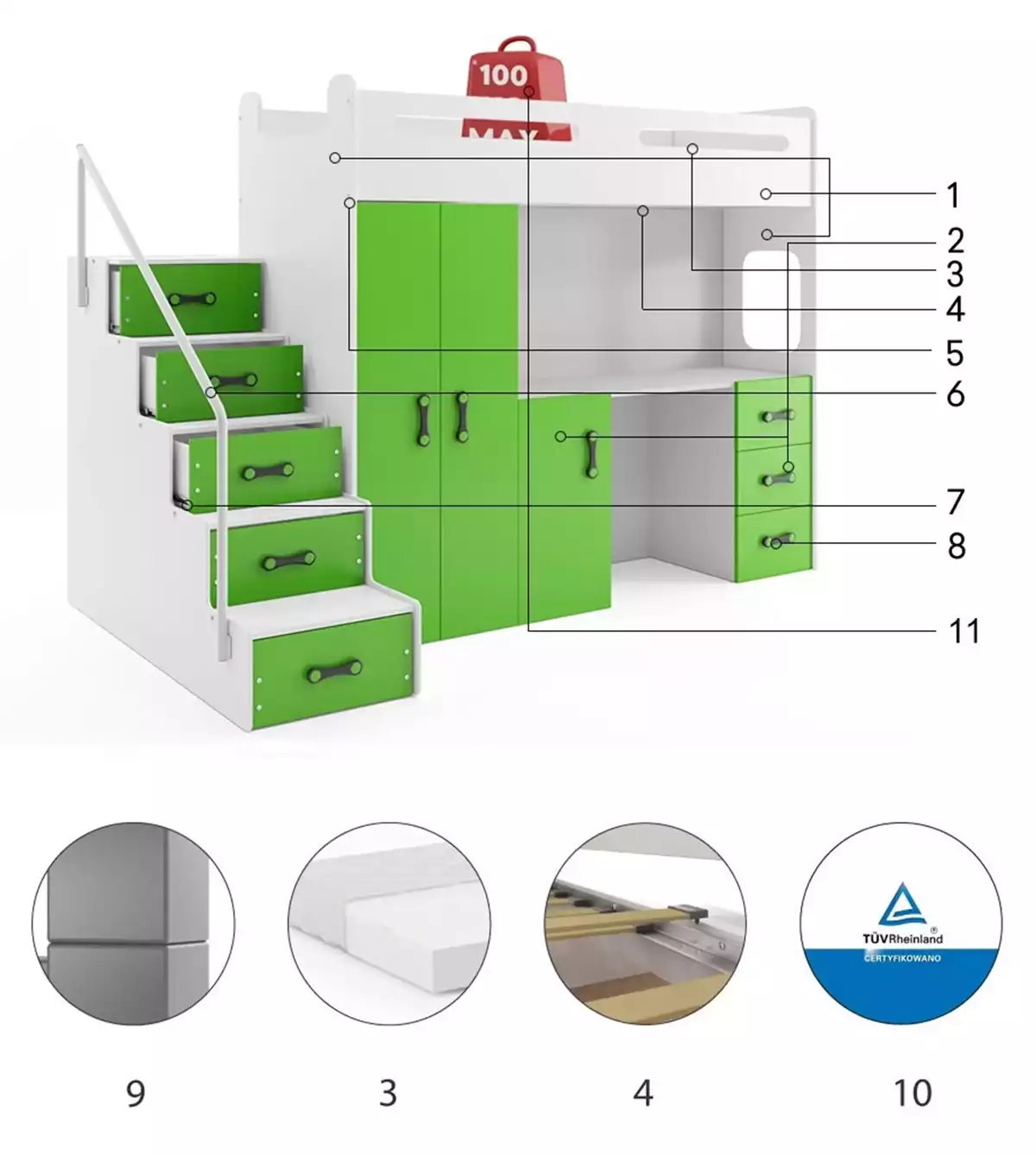 Componente pentru patul de tineret single max 4 80x200 cu saltea și birou, verde Componente pentru patul de tineret single max 4 80x200 cu saltea și birou, verde