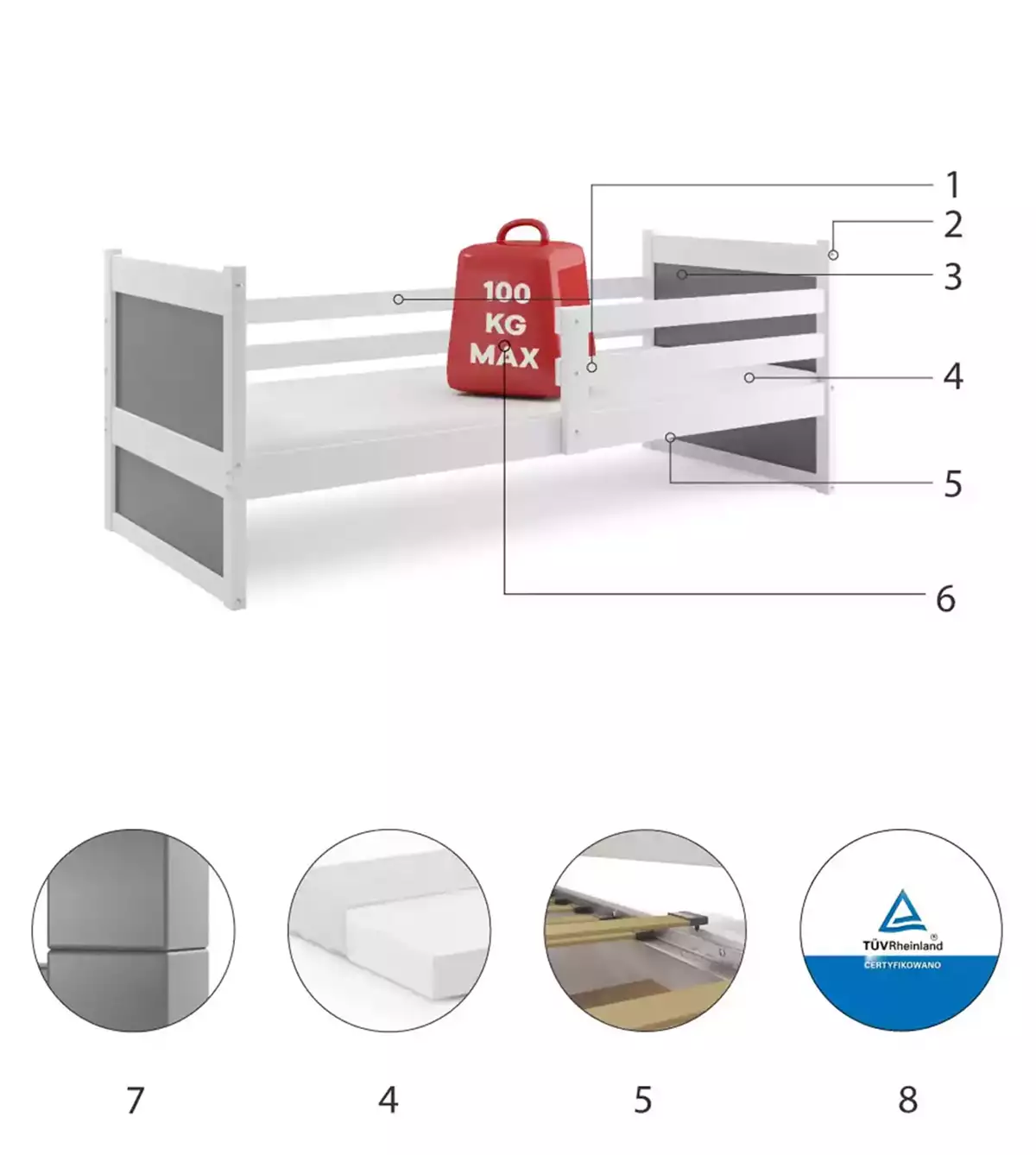 Componente pentru patul de tineret single rico 80x190 cu saltea, alb/grafit Componente pentru patul de tineret single rico 80x190 cu saltea, alb/grafit