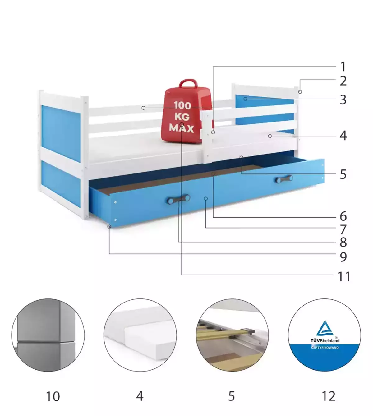 Componente pentru patul de tineret single rico 80x190 cu saltea și sertar, alb/albastru Componente pentru patul de tineret single rico 80x190 cu saltea și sertar, alb/albastru