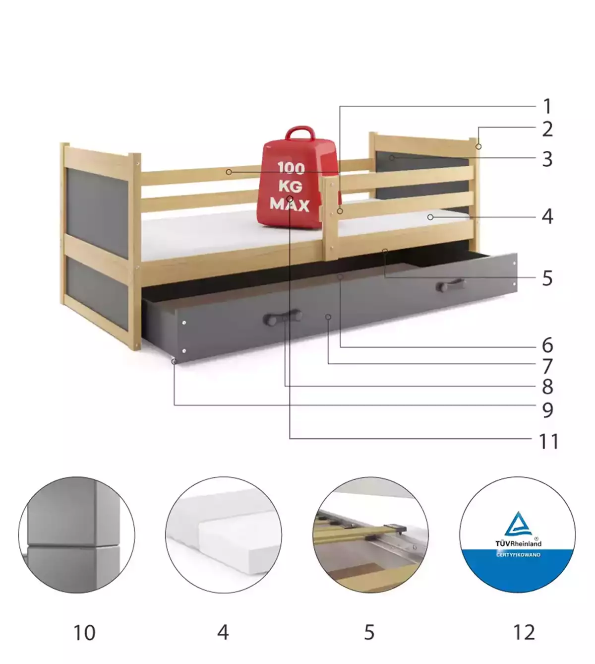 Componente pentru patul de tineret single rico 80x190 cu saltea și sertar, pin/grafit Componente pentru patul de tineret single rico 80x190 cu saltea și sertar, pin/grafit