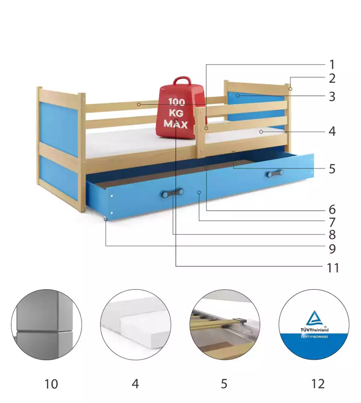 Componente pentru patul de tineret single rico 80x190 cu saltea și sertar, pin/albastru Componente pentru patul de tineret single rico 80x190 cu saltea și sertar, pin/albastru