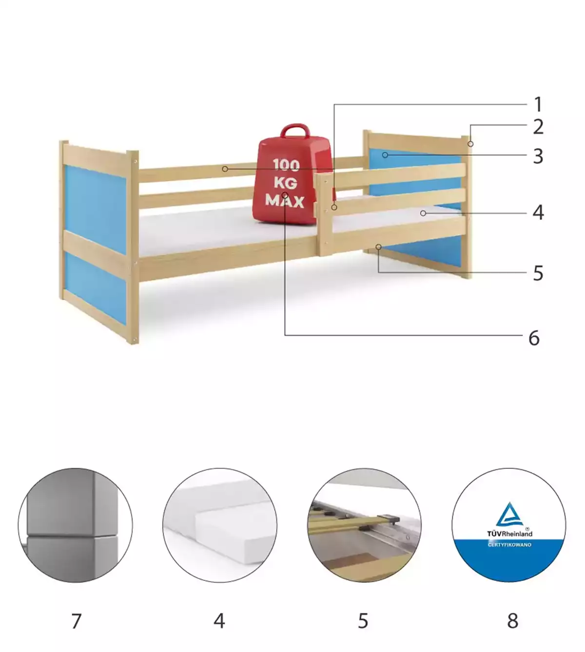 Componente pentru patul de tineret single rico 80x190 cu saltea, pin/albastru Componente pentru patul de tineret single rico 80x190 cu saltea, pin/albastru