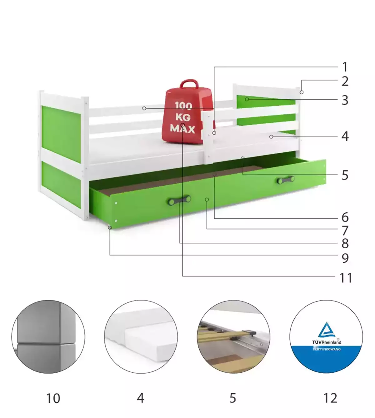 Componente pentru patul de tineret single rico 80x190 cu sertar, alb/verde Componente pentru patul de tineret single rico 80x190 cu sertar, alb/verde