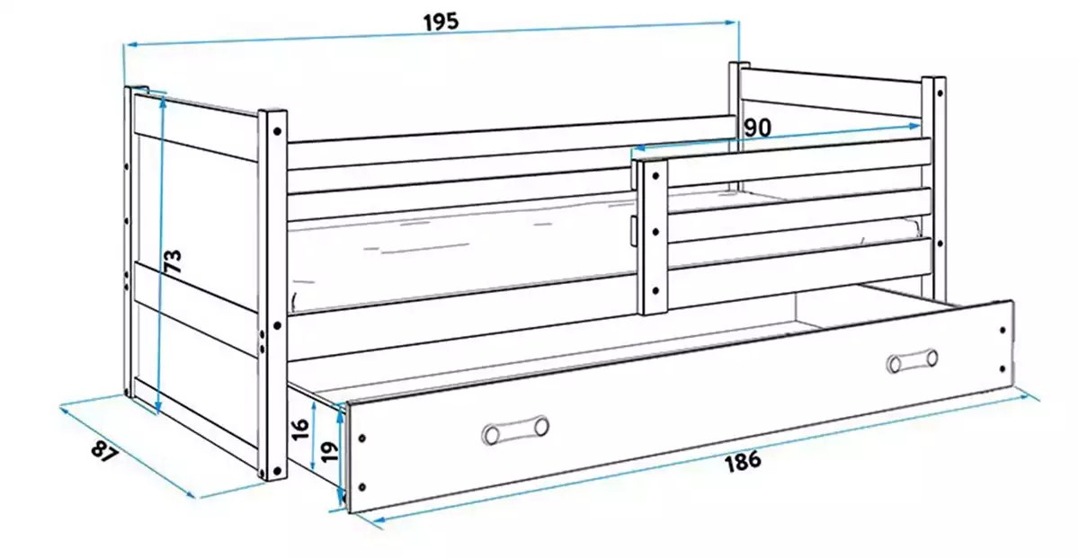 Dimensiuni și specificații pentru patul de tineret unic Rico 80x190 cu sertar, alb/verde Dimensiuni și specificații pentru patul de tineret unic Rico 80x190 cu sertar, alb/verde