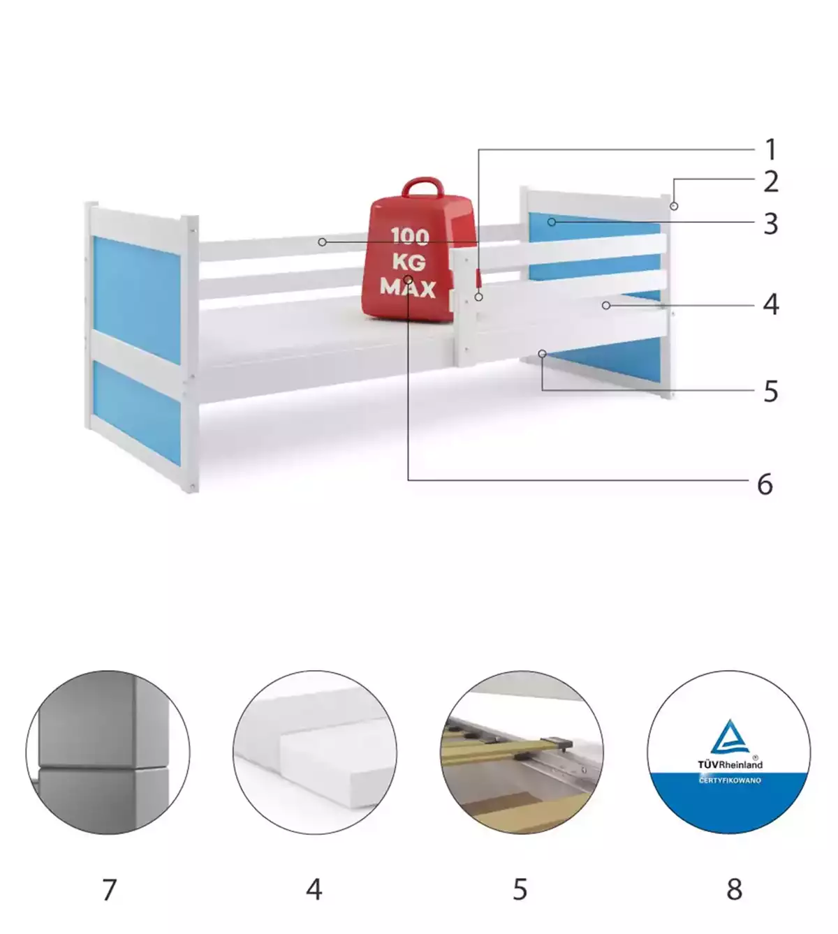 Componente pentru pat de tineret single rico 90x200 cu saltea, alb/albastru Componente pentru pat de tineret single rico 90x200 cu saltea, alb/albastru