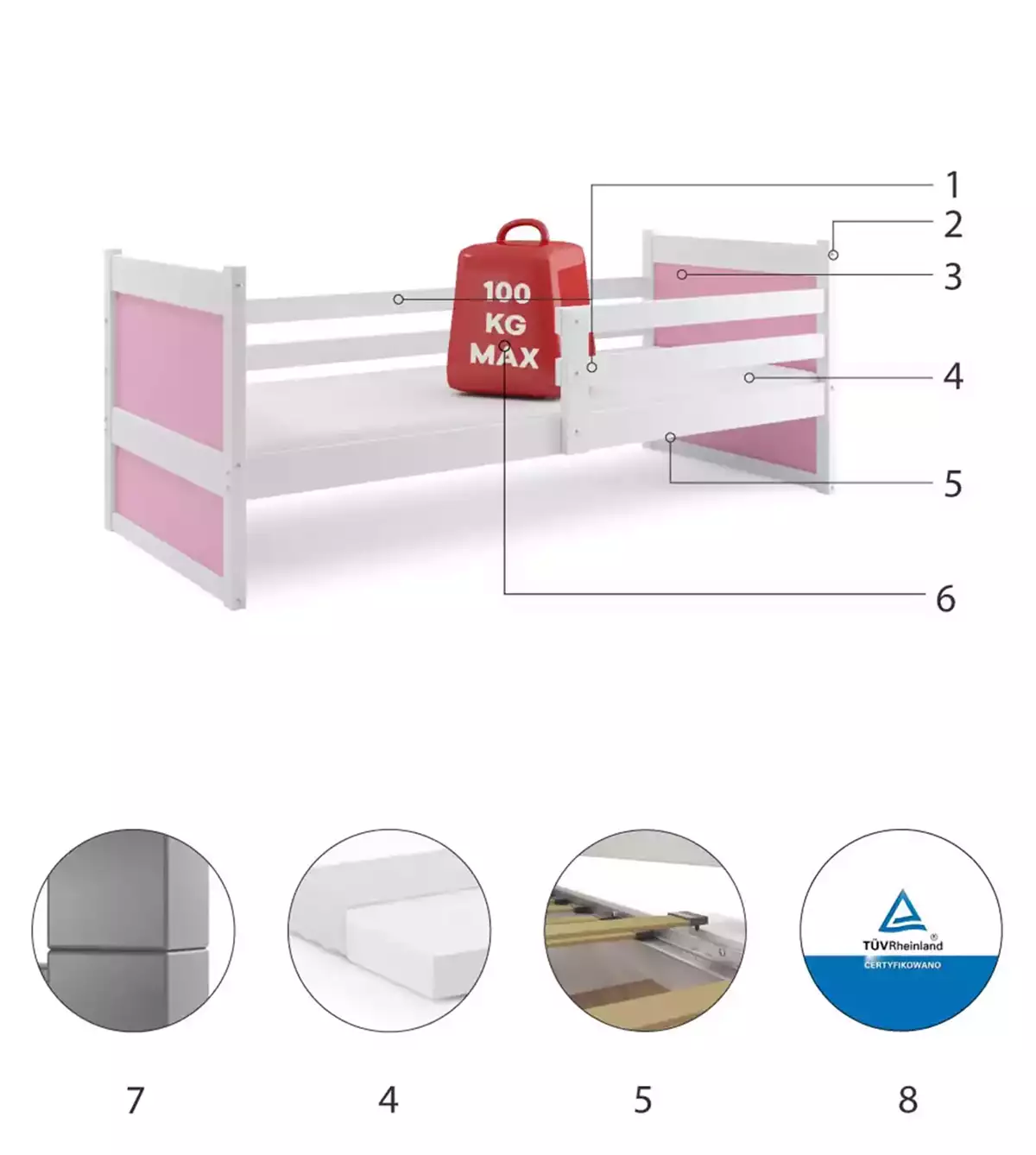Componente pentru pat de tineret single rico 90x200 cu saltea, alb/roz Componente pentru pat de tineret single rico 90x200 cu saltea, alb/roz