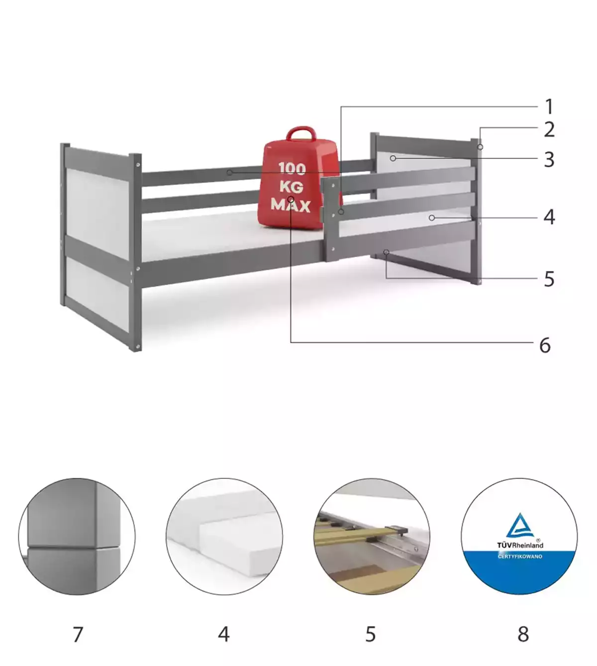 Componente pentru patul de tineret single rico 90x200 cu saltea, grafit/alb Componente pentru patul de tineret single rico 90x200 cu saltea, grafit/alb