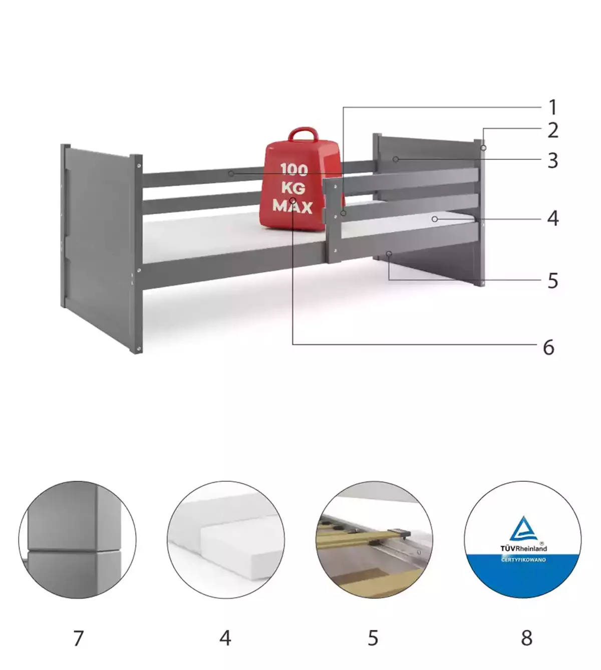 Componente pentru patul de tineret single rico 90x200 cu saltea, grafit Componente pentru patul de tineret single rico 90x200 cu saltea, grafit