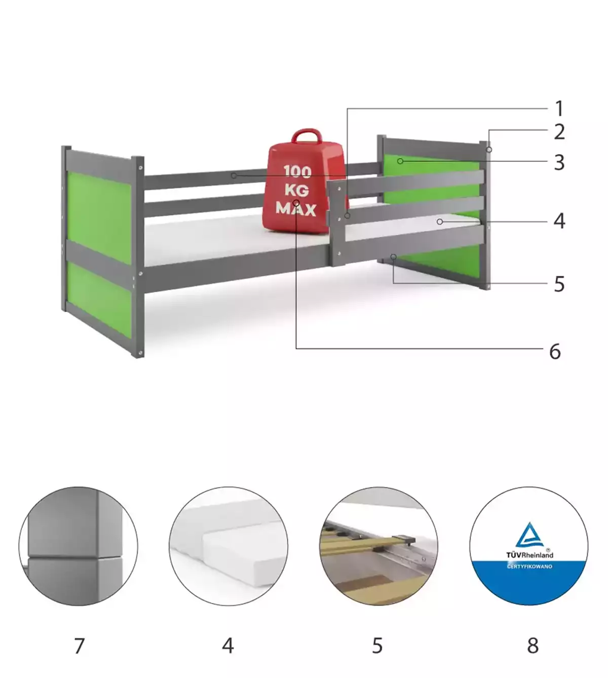 Componente pentru patul de tineret single rico 90x200 cu saltea, grafit/verde Componente pentru patul de tineret single rico 90x200 cu saltea, grafit/verde