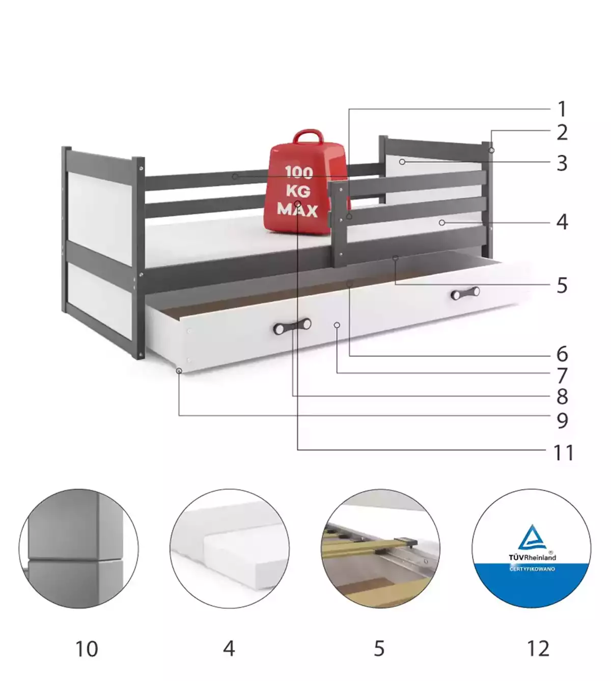 Componente pentru patul de tineret single rico 90x200 cu saltea și sertar, grafit/alb Componente pentru patul de tineret single rico 90x200 cu saltea și sertar, grafit/alb