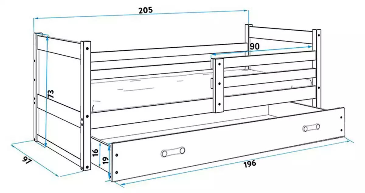 Dimensiuni și specificații pentru patul de tineret RICO 90x200 cu saltea și sertar, grafit/alb Dimensiuni și specificații pentru patul de tineret RICO 90x200 cu saltea și sertar, grafit/alb