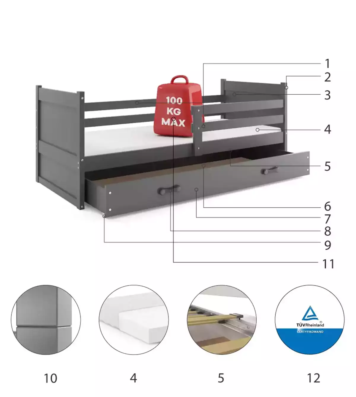 Componente pentru patul de tineret single rico 90x200 cu saltea și sertar, grafit