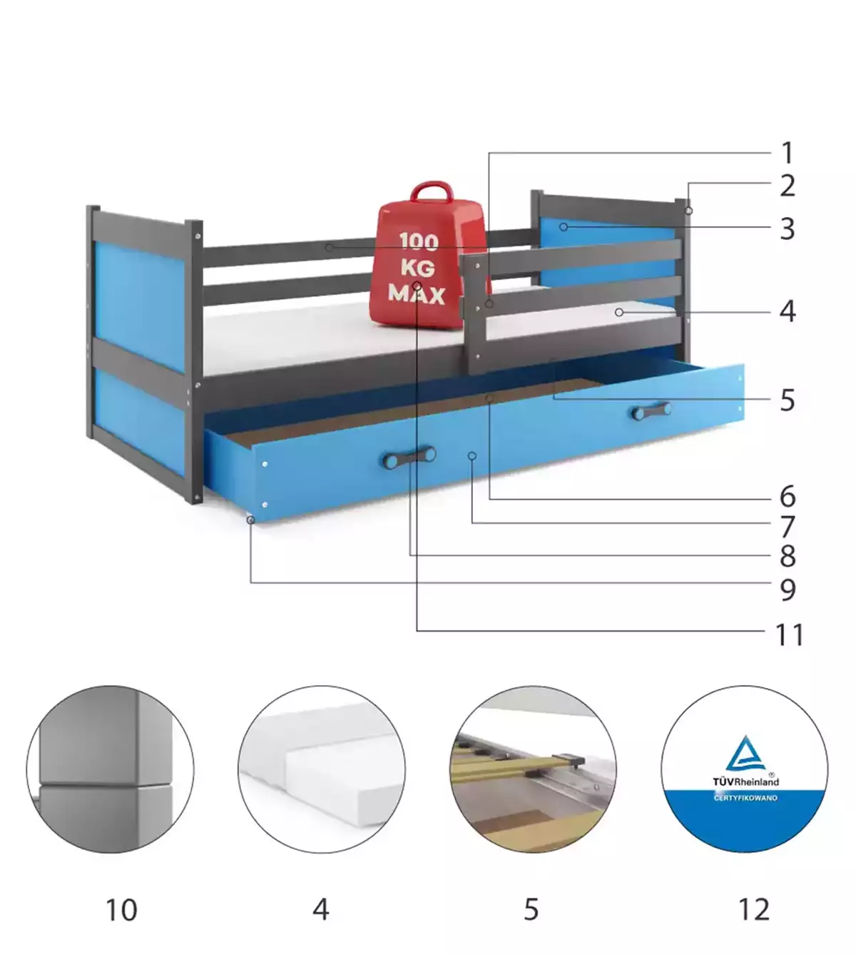 Componente pentru patul de tineret single rico 90x200 cu saltea și sertar, grafit/albastru Componente pentru patul de tineret single rico 90x200 cu saltea și sertar, grafit/albastru