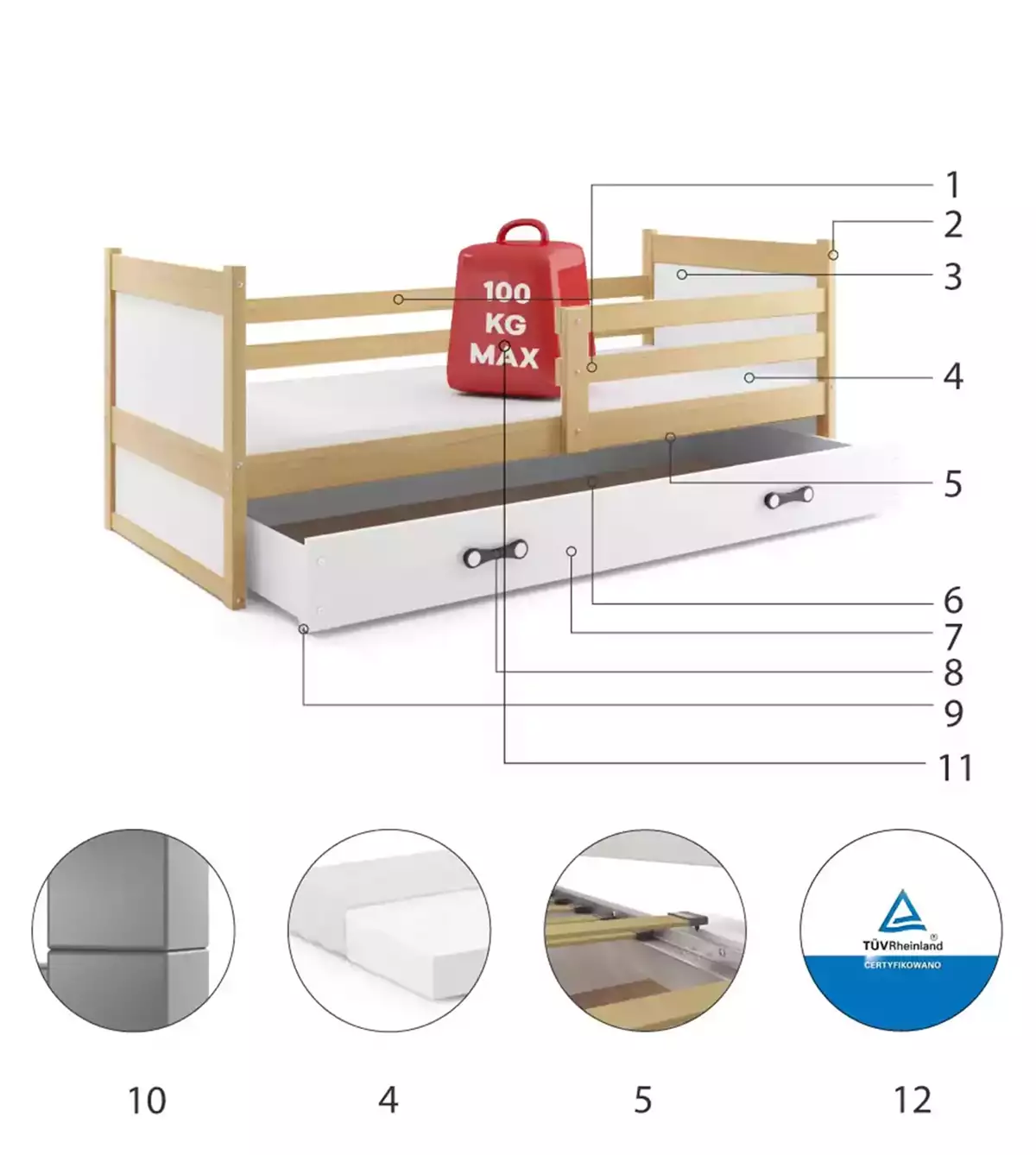 Componente pentru patul de tineret single rico 90x200 cu saltea și sertar, pin/alb Componente pentru patul de tineret single rico 90x200 cu saltea și sertar, pin/alb