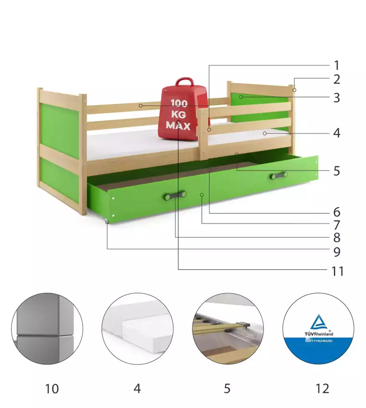 Componente pentru patul de tineret single rico 90x200 cu saltea și sertar, pin/verde Componente pentru patul de tineret single rico 90x200 cu saltea și sertar, pin/verde