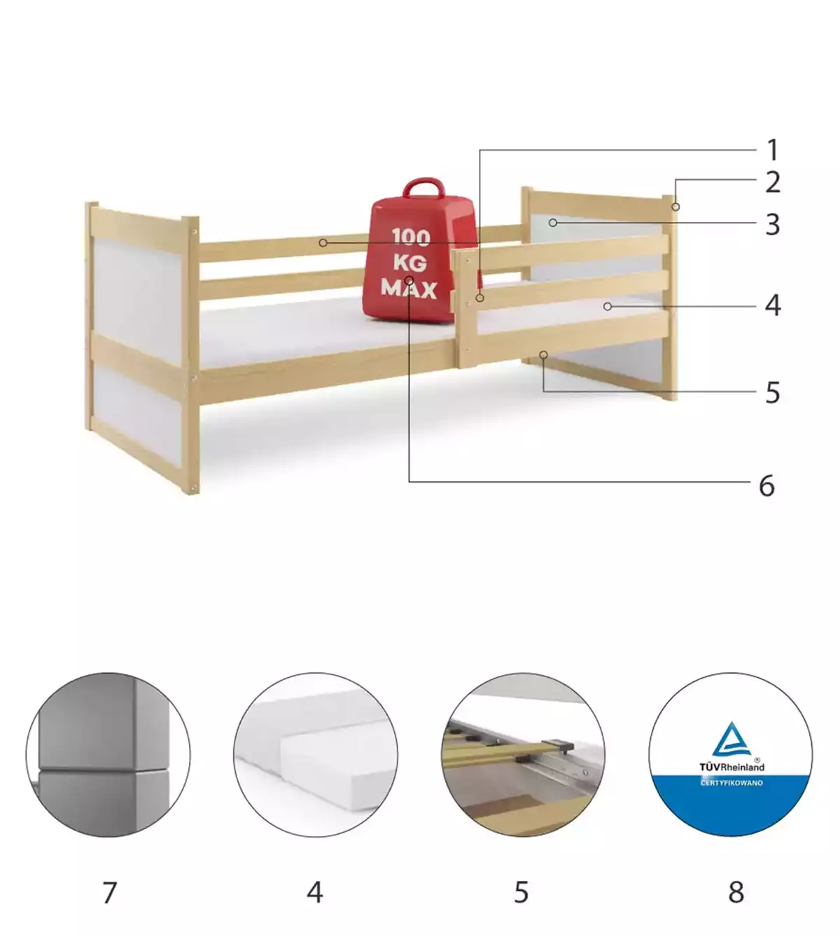 Componente pentru patul de tineret single rico 90x200 cu saltea, pin/alb Componente pentru patul de tineret single rico 90x200 cu saltea, pin/alb