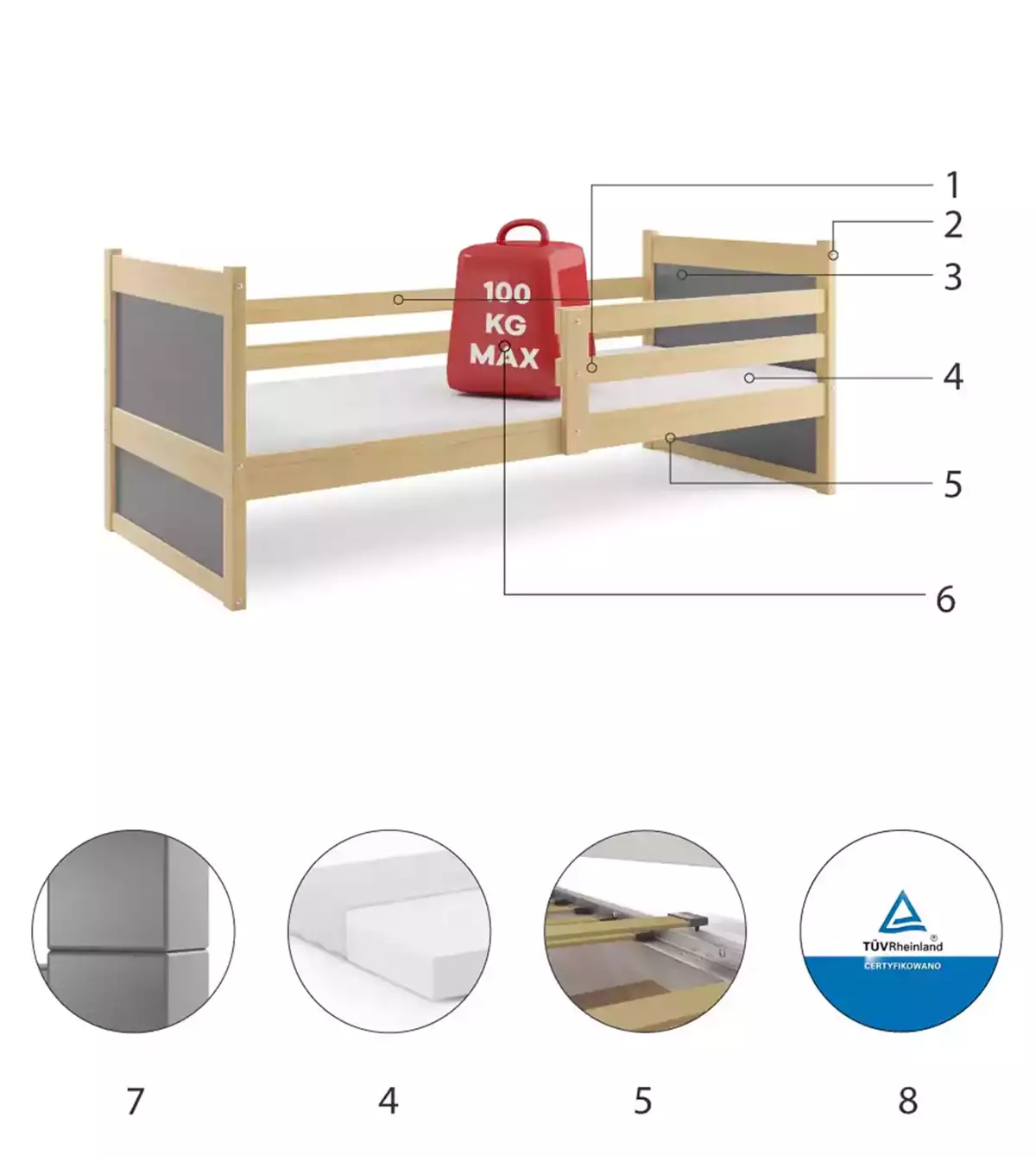 Componente pentru patul de tineret single rico 90x200 cu saltea, pin/grafit