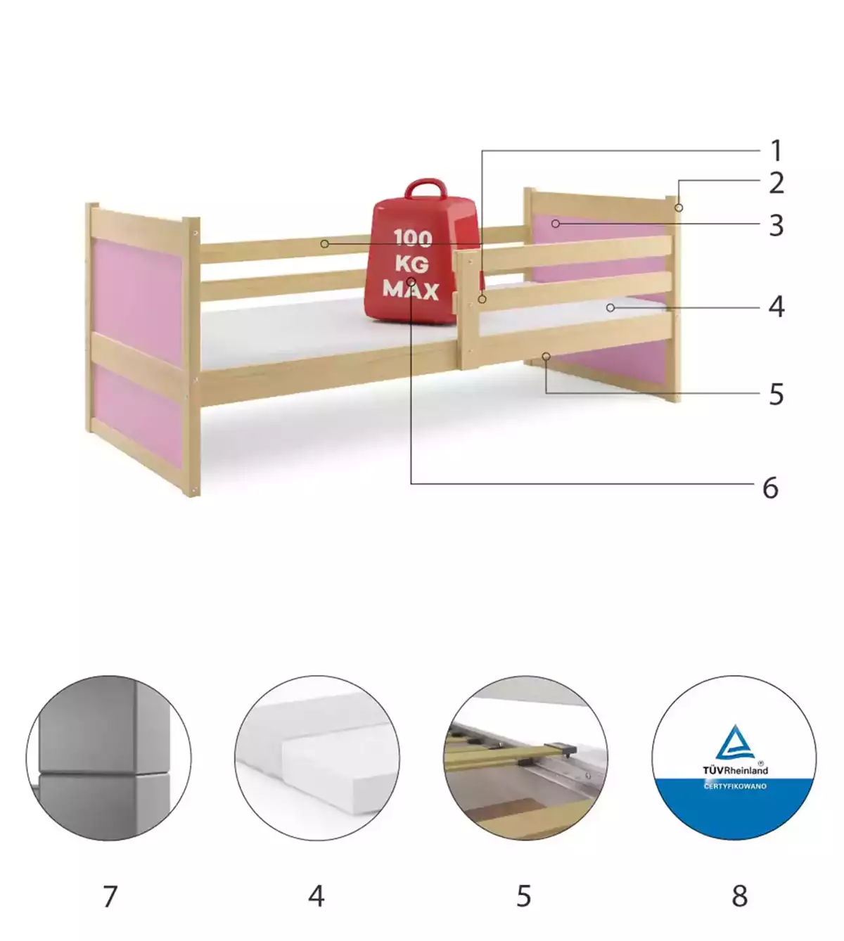 Componente pentru patul de tineret single rico 90x200 cu saltea, pin/roz Componente pentru patul de tineret single rico 90x200 cu saltea, pin/roz