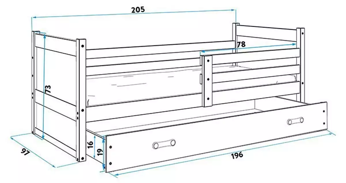Dimensiuni și specificații pentru patul de tineret RICO 90x200 cu saltea, pin/roz Dimensiuni și specificații pentru patul de tineret RICO 90x200 cu saltea, pin/roz