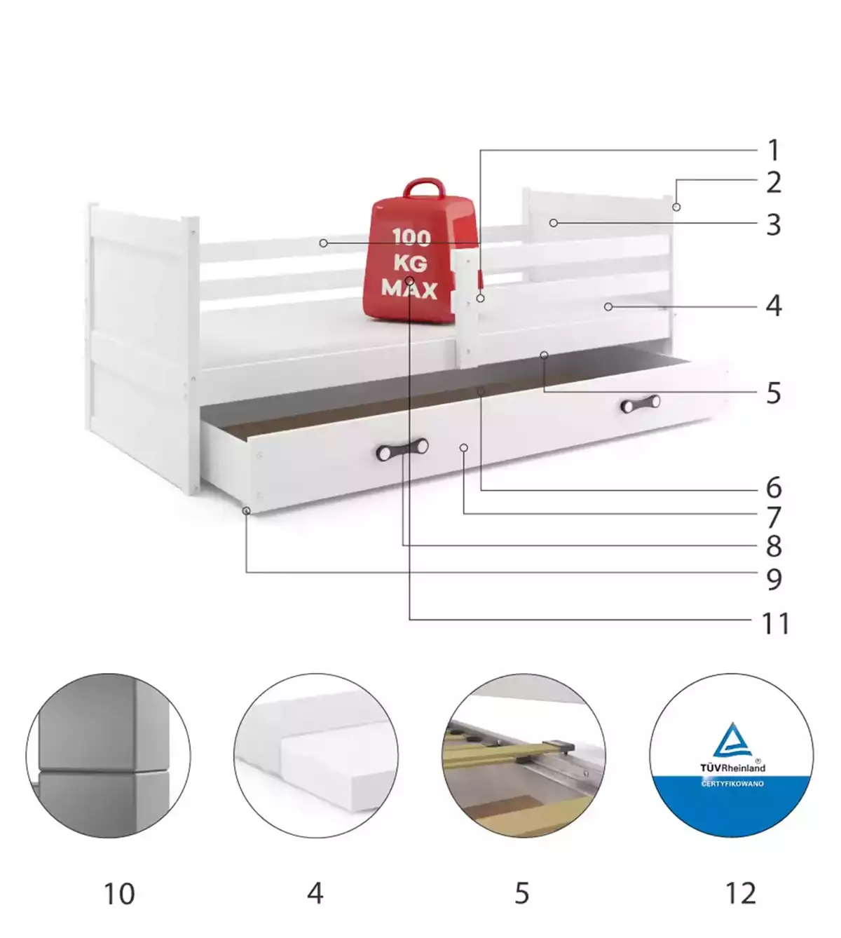 Componente pentru patul de tineret single rico 90x200 cu sertar, alb Componente pentru patul de tineret single rico 90x200 cu sertar, alb
