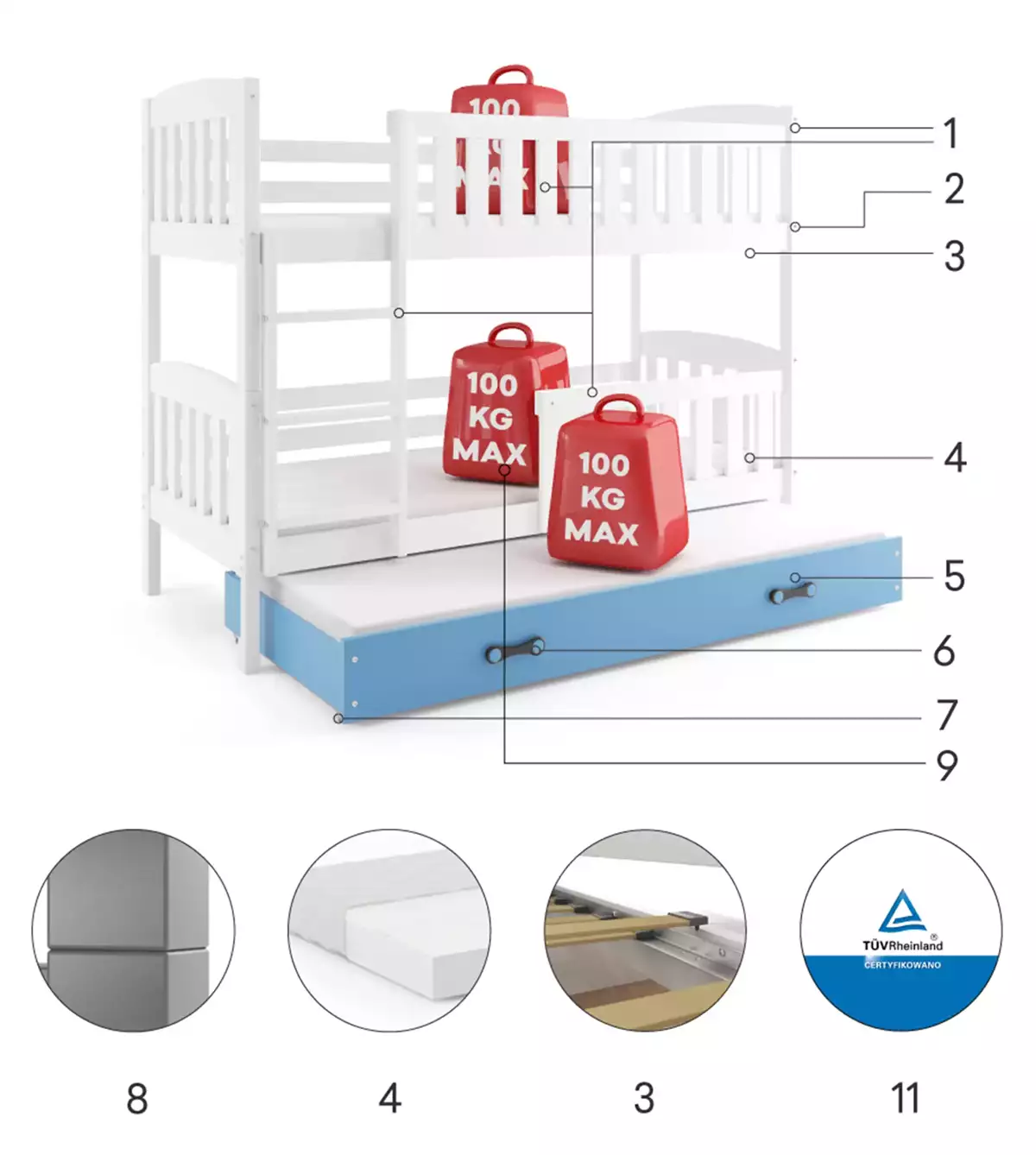 Componente pentru patul de tineret trei -persoană Winnie 80x190 cu saltea și sertar, alb/albastru Componente pentru patul de tineret trei -persoană Winnie 80x190 cu saltea și sertar, alb/albastru