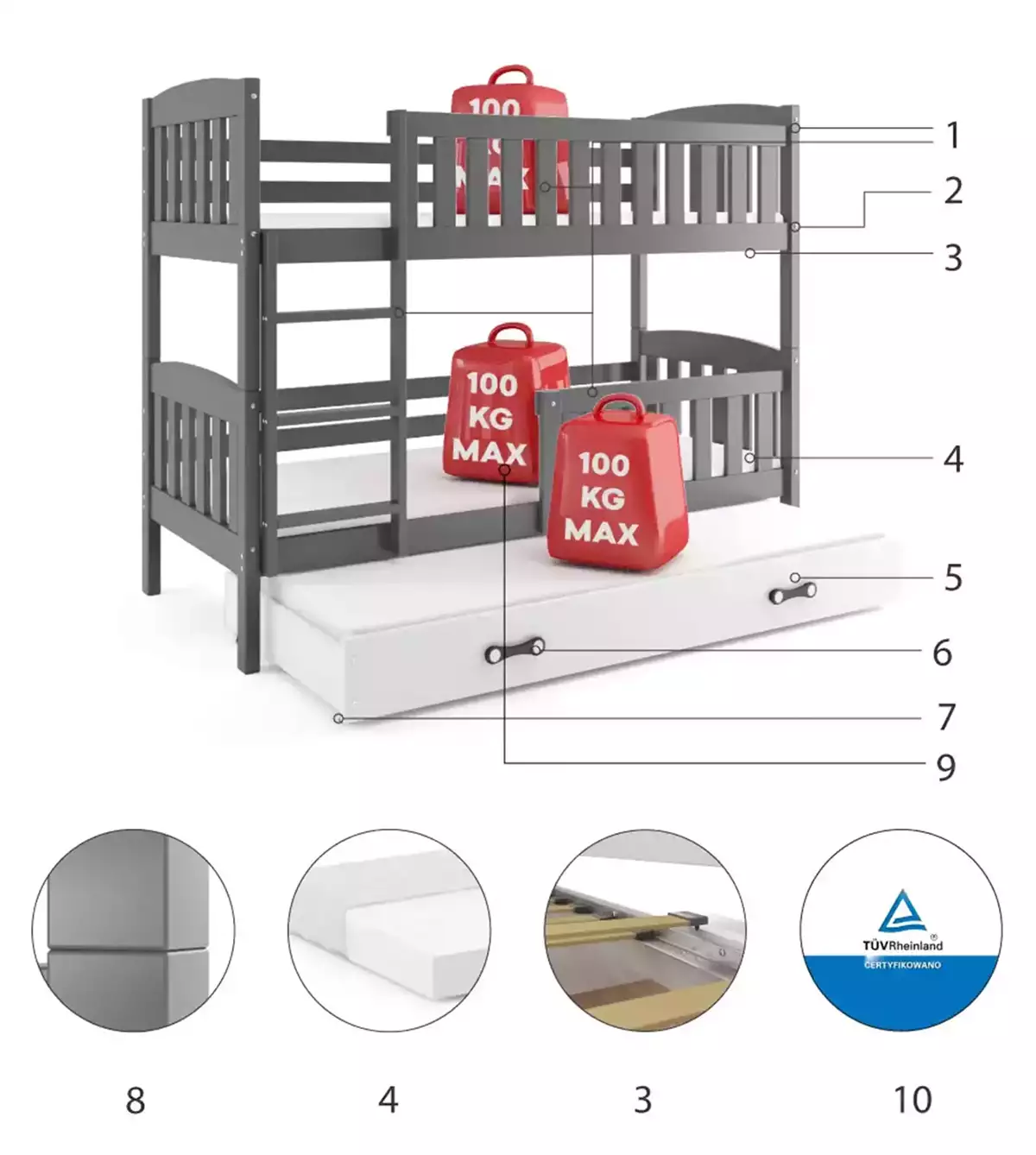 Componente pentru patul de tineret trei -persoană Winnie 80x190 cu saltea și sertar, grafit/alb Componente pentru patul de tineret trei -persoană Winnie 80x190 cu saltea și sertar, grafit/alb
