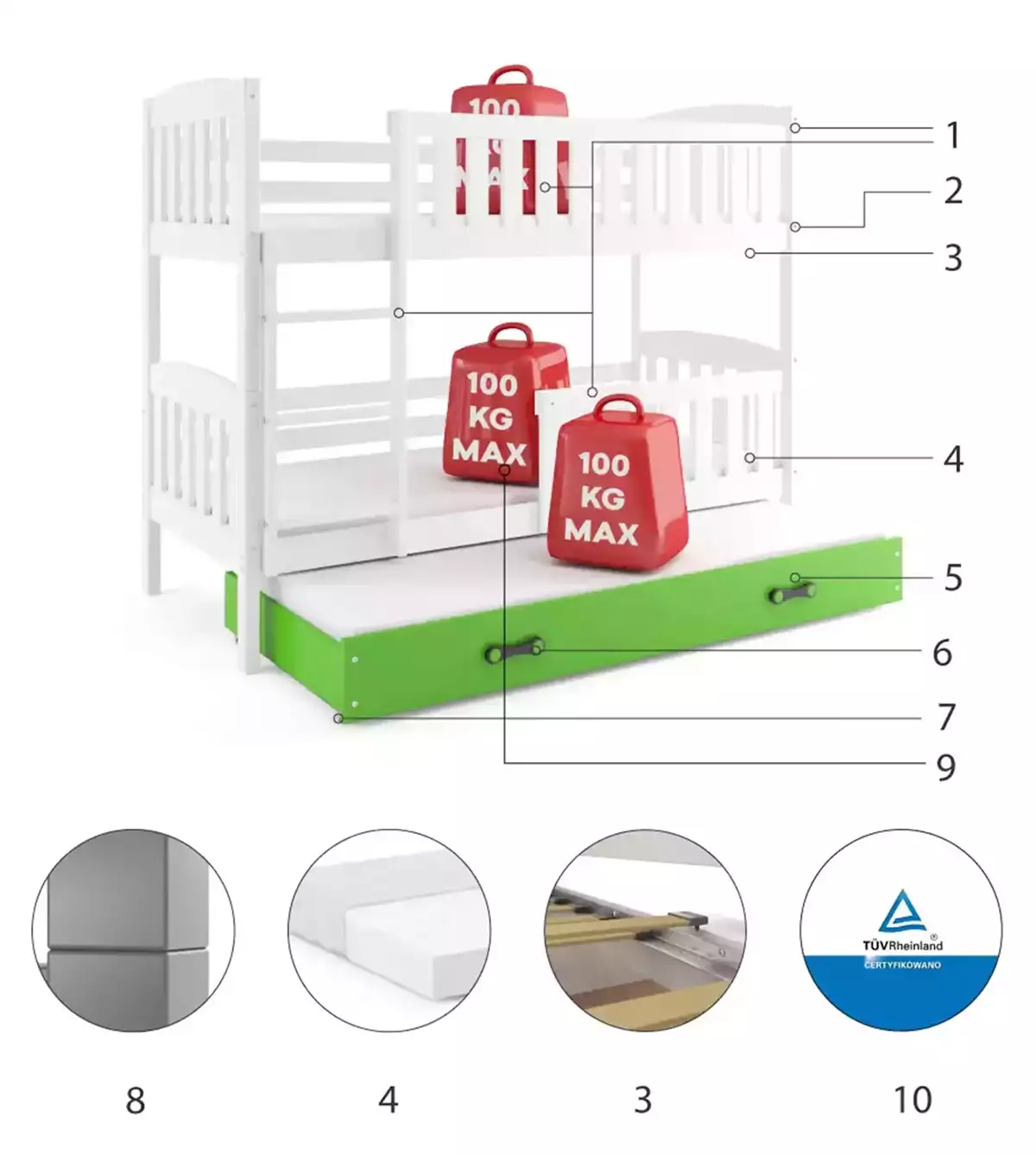 Componente pentru patul de tineret trei -persoană Winnie 80x190 cu sertar, alb/verde Componente pentru patul de tineret trei -persoană Winnie 80x190 cu sertar, alb/verde