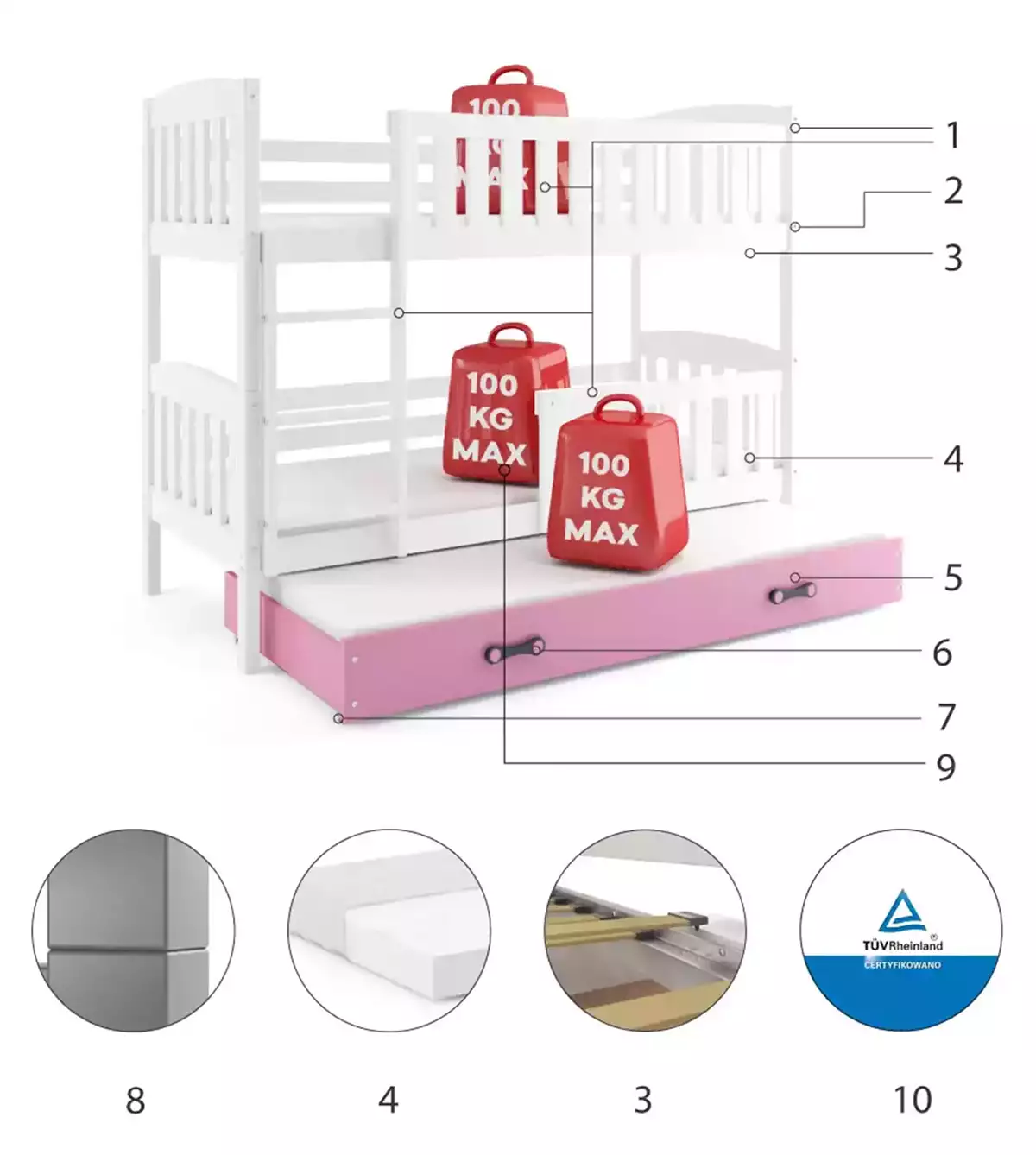 Componente pentru patul de tineret trei -persoană Winnie 90x200 cu saltea și sertar, alb/roz Componente pentru patul de tineret trei -persoană Winnie 90x200 cu saltea și sertar, alb/roz