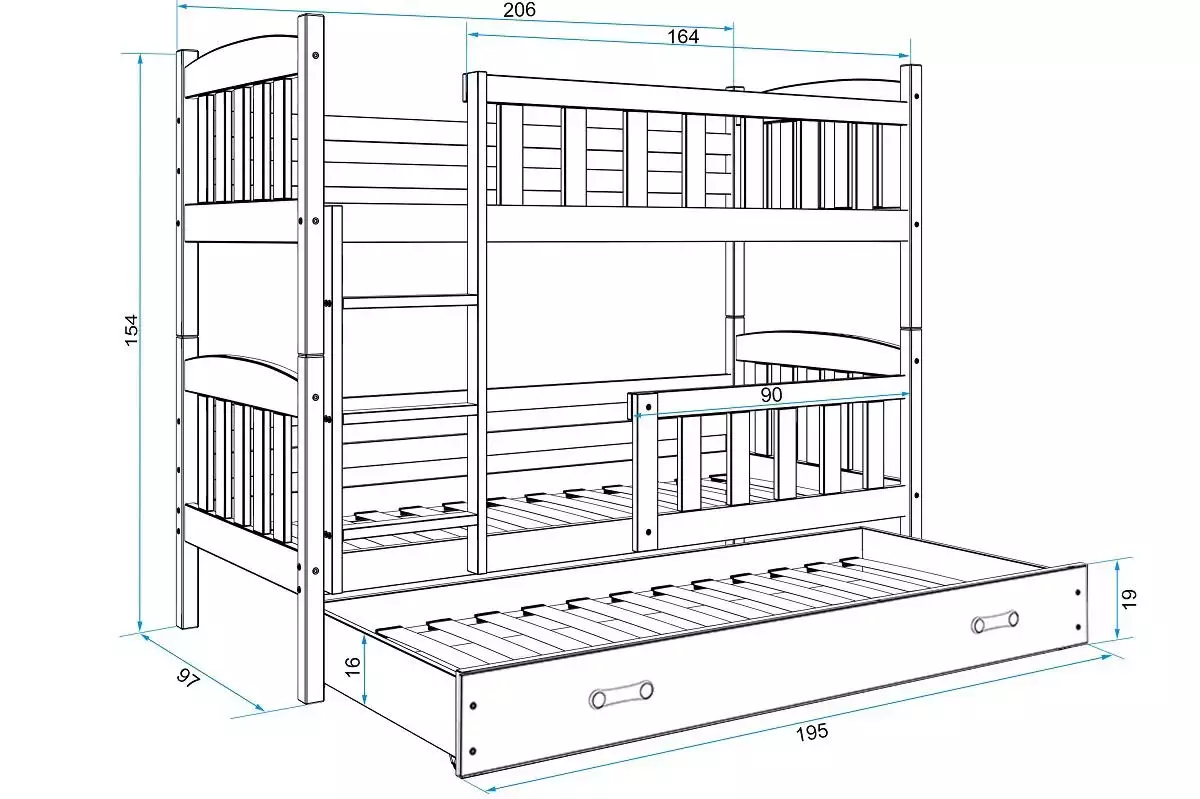 Dimensiuni și specificații pentru patul de tineret trei -persoană Winnie 90x200 cu saltea și sertar, alb/verde