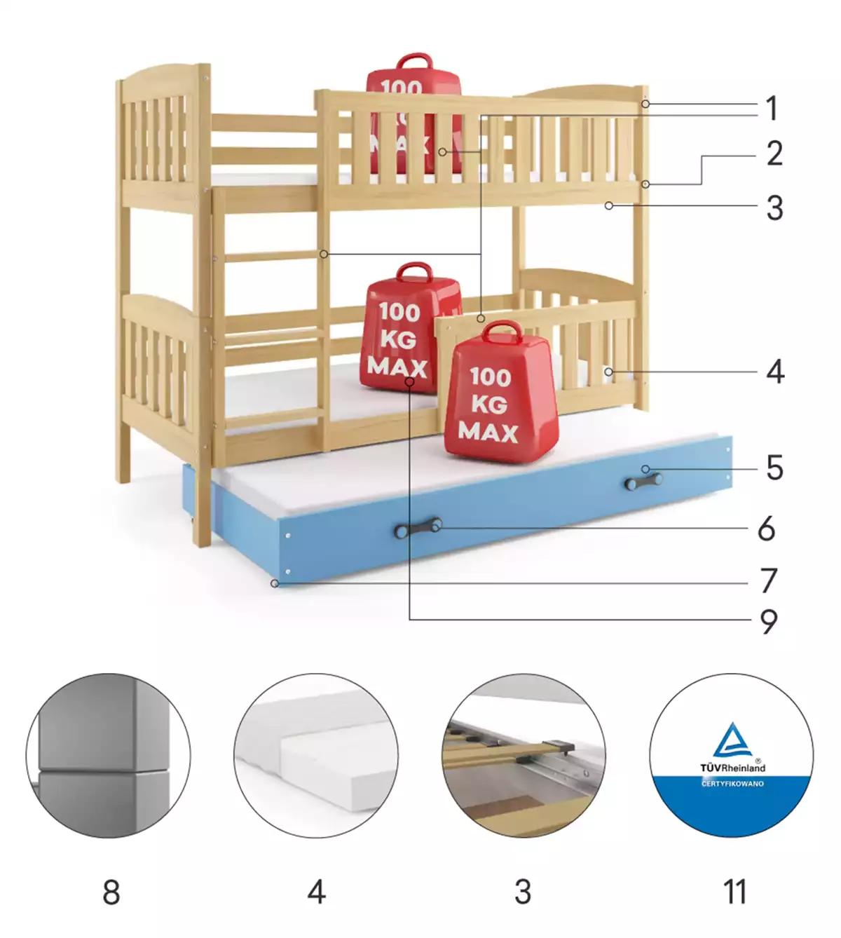 Componente pentru patul de tineret Kubuś 90x200 cu saltea și sertar, pin/albastru Componente pentru patul de tineret Kubuś 90x200 cu saltea și sertar, pin/albastru