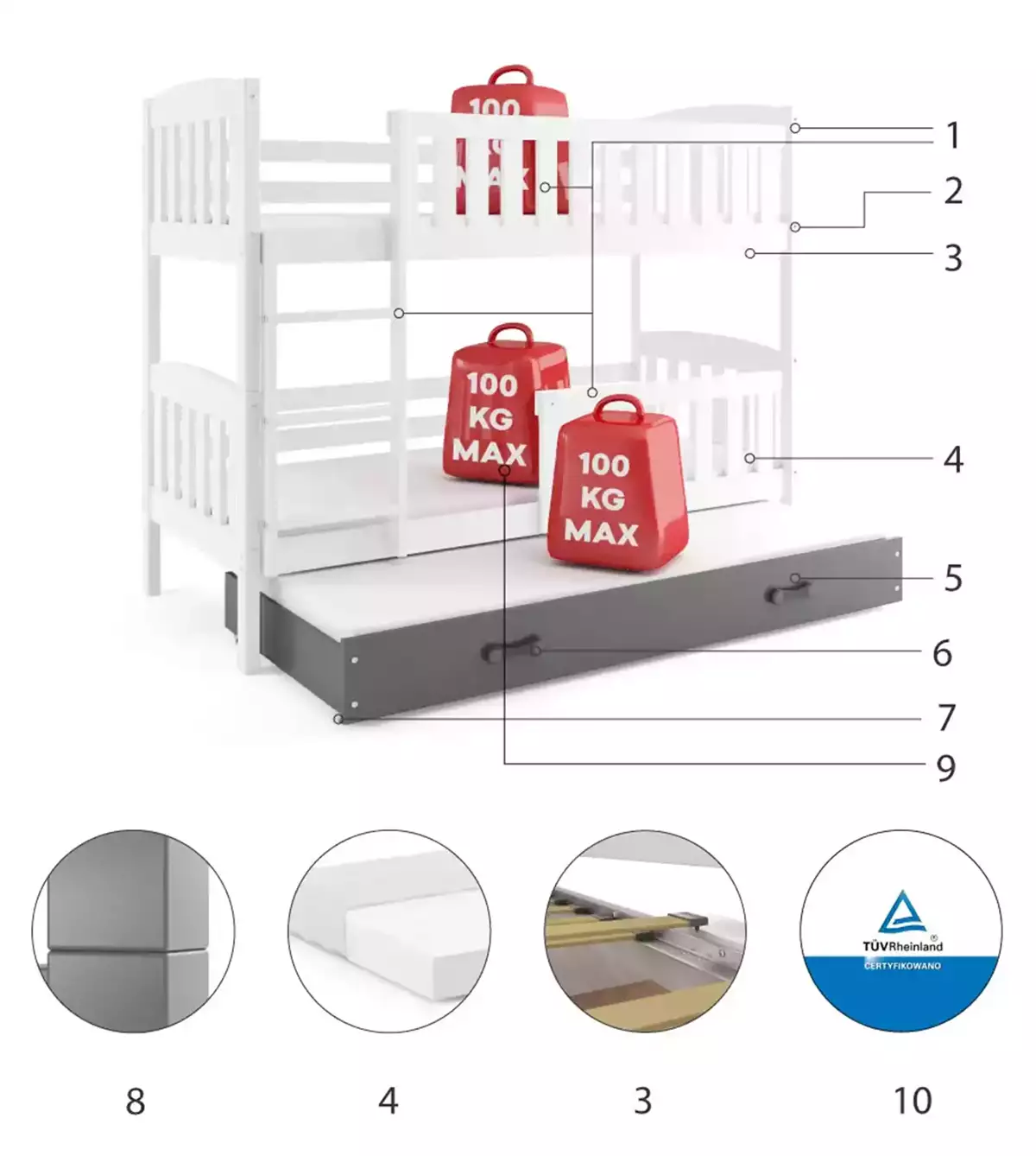 Componente pentru patul de tineret Kubuś 90x200 cu sertar, alb/grafit Componente pentru patul de tineret Kubuś 90x200 cu sertar, alb/grafit