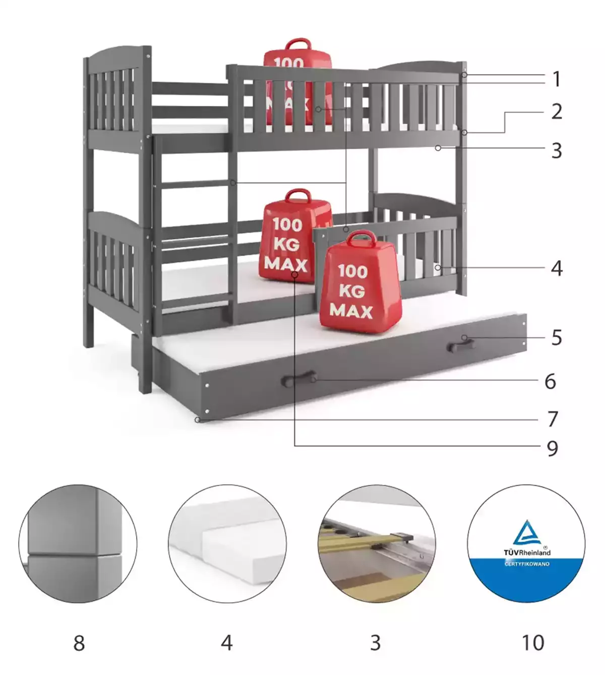 Componente pentru patul de tineret trei -persoană Winnie 90x200 cu sertar, grafit Componente pentru patul de tineret trei -persoană Winnie 90x200 cu sertar, grafit