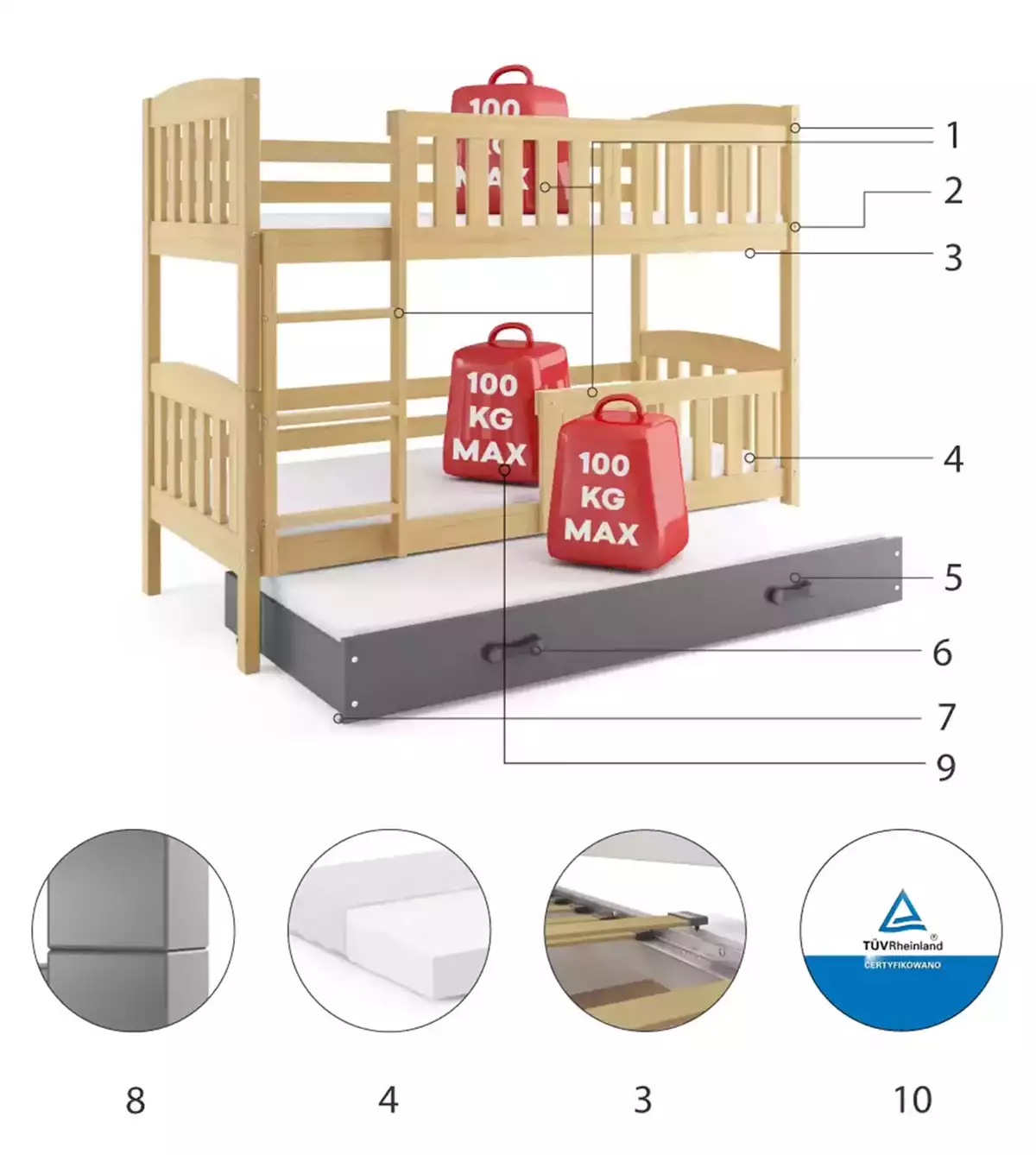 Componente pentru patul de tineret trei -persoană Winnie 90x200 cu sertar, pin/grafit Componente pentru patul de tineret trei -persoană Winnie 90x200 cu sertar, pin/grafit