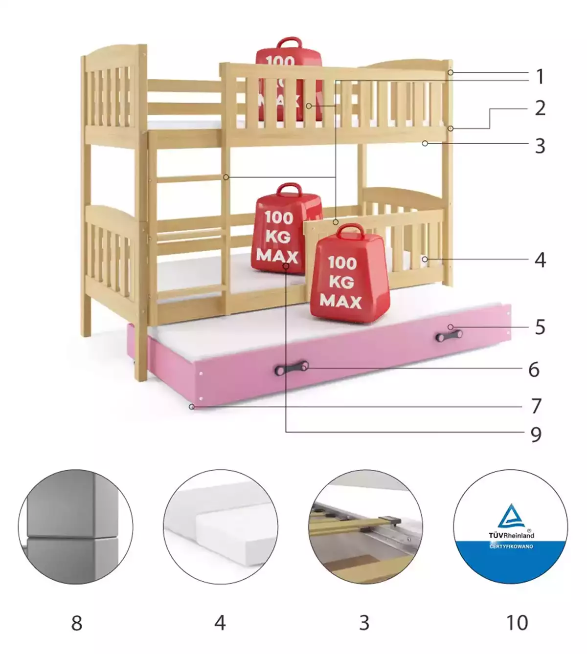 Componente pentru patul de tineret trei -persoană Winnie 90x200 cu sertar, pin/roz Componente pentru patul de tineret trei -persoană Winnie 90x200 cu sertar, pin/roz